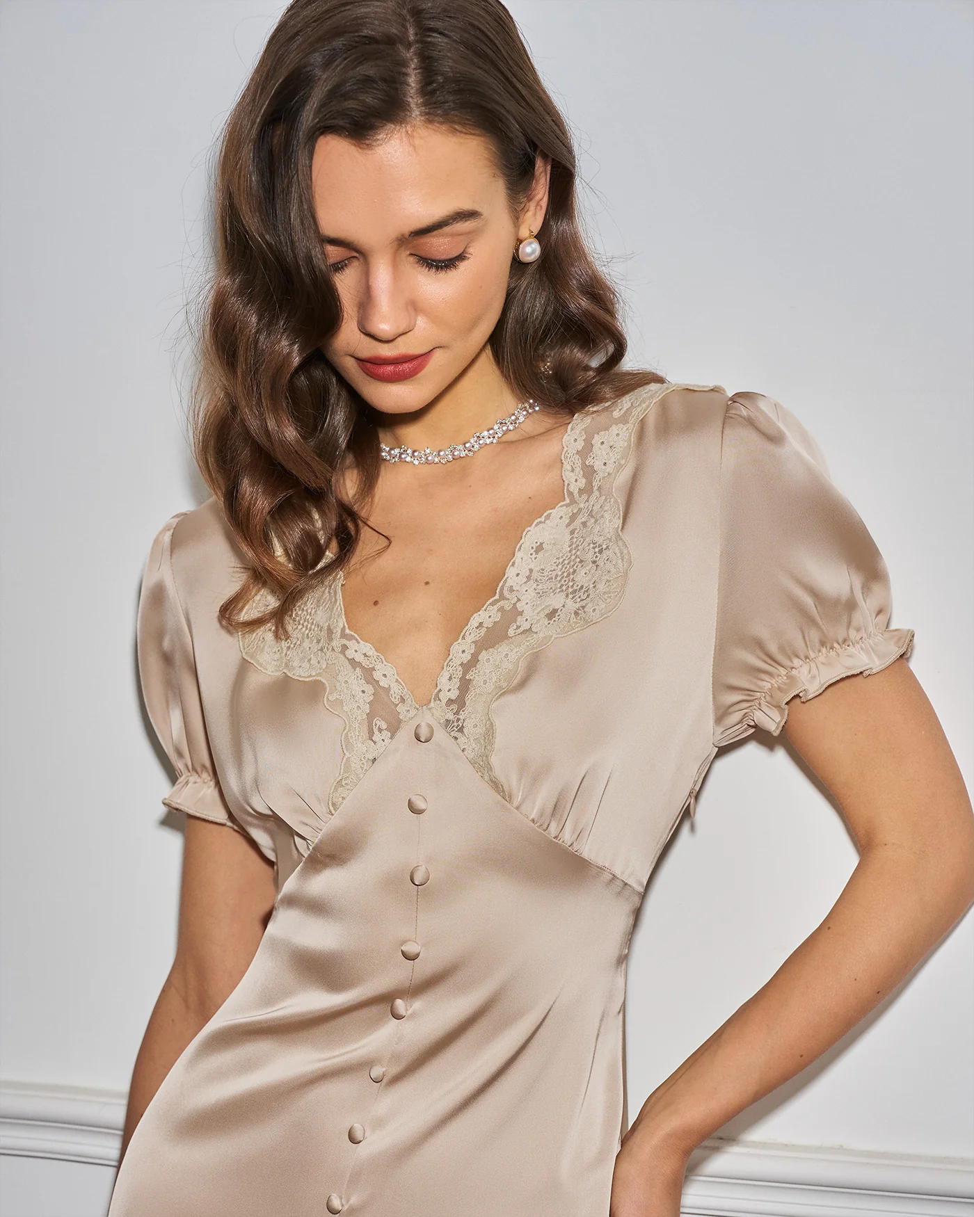Apricot V Neck Lace Midi Dress - Image 4
