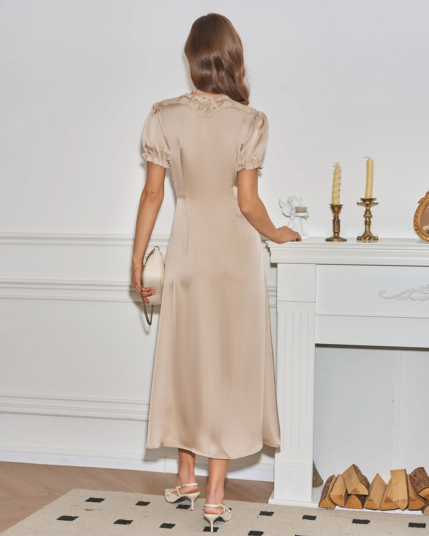 Apricot V Neck Lace Midi Dress - Image 8
