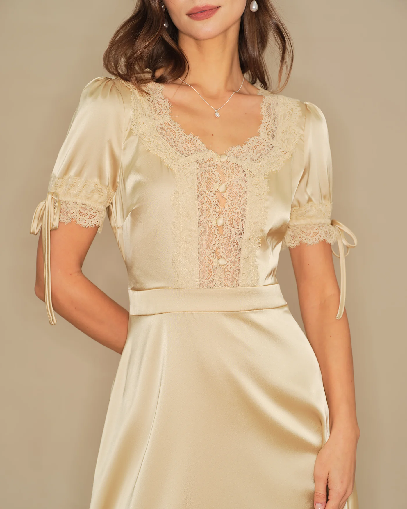 Apricot V Neck Lace Satin Mini Dress - Image 2