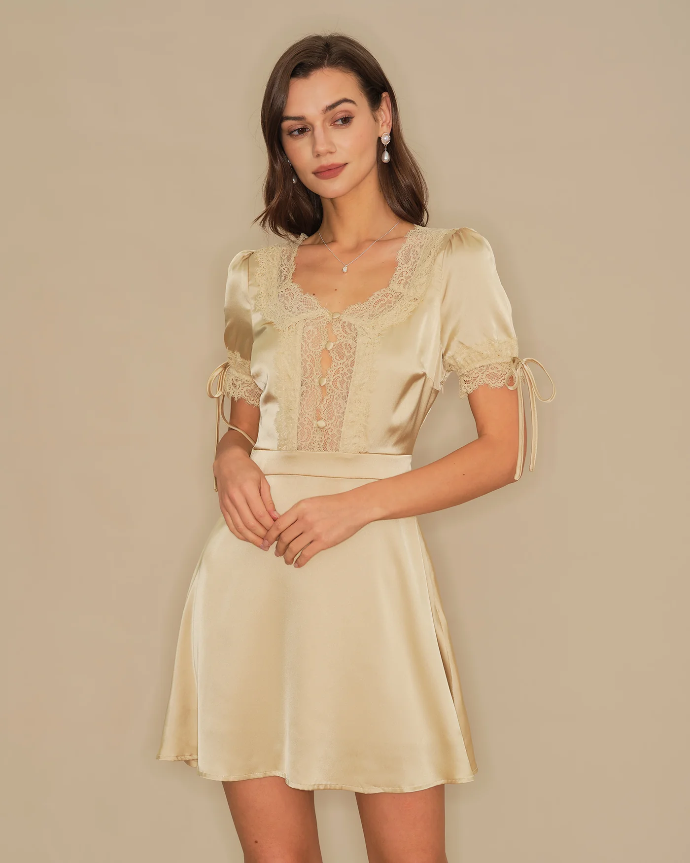 Apricot V Neck Lace Satin Mini Dress - Image 3