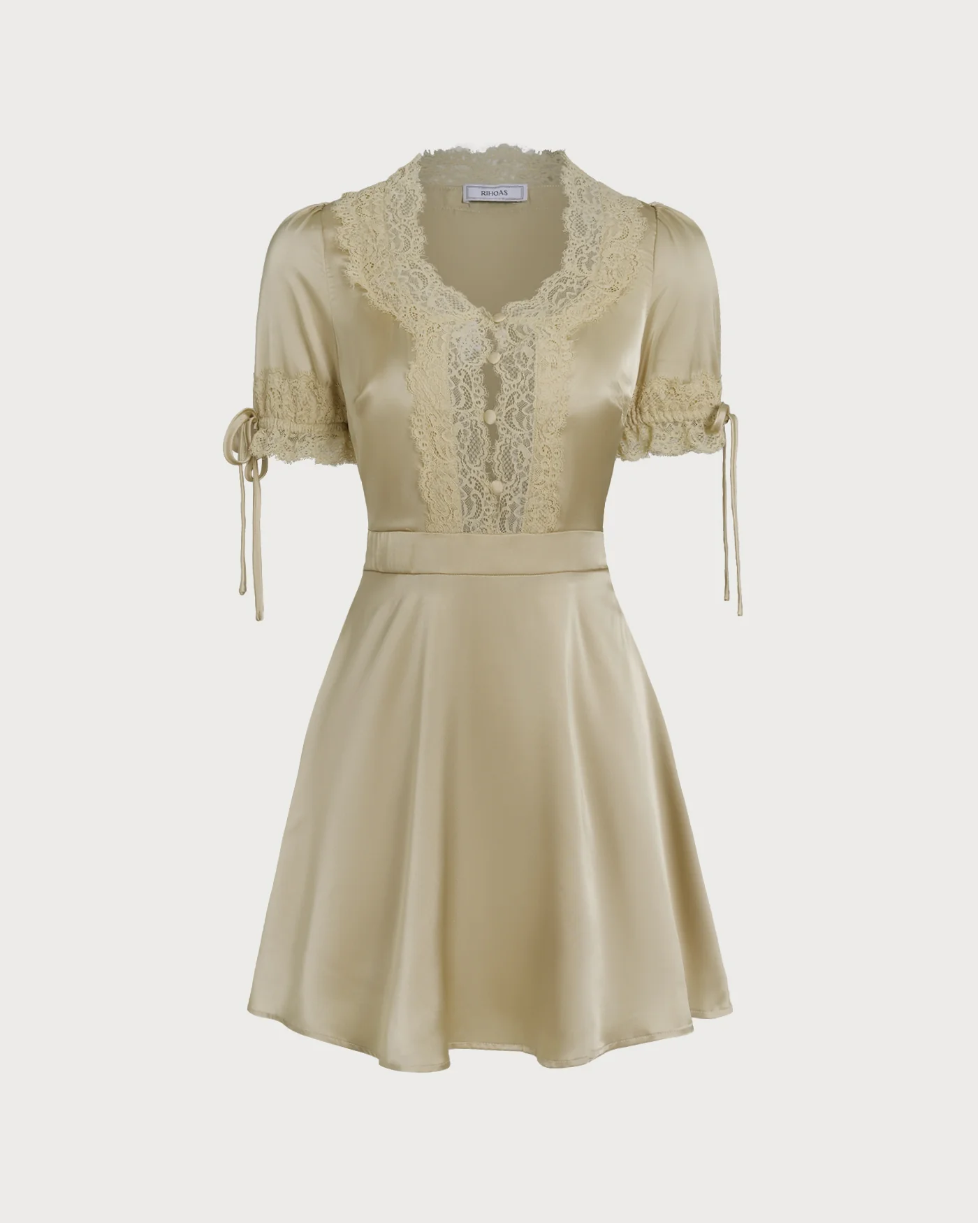 Apricot V Neck Lace Satin Mini Dress - Image 7