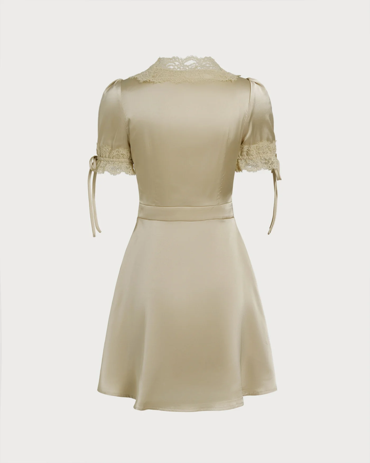 Apricot V Neck Lace Satin Mini Dress - Image 8