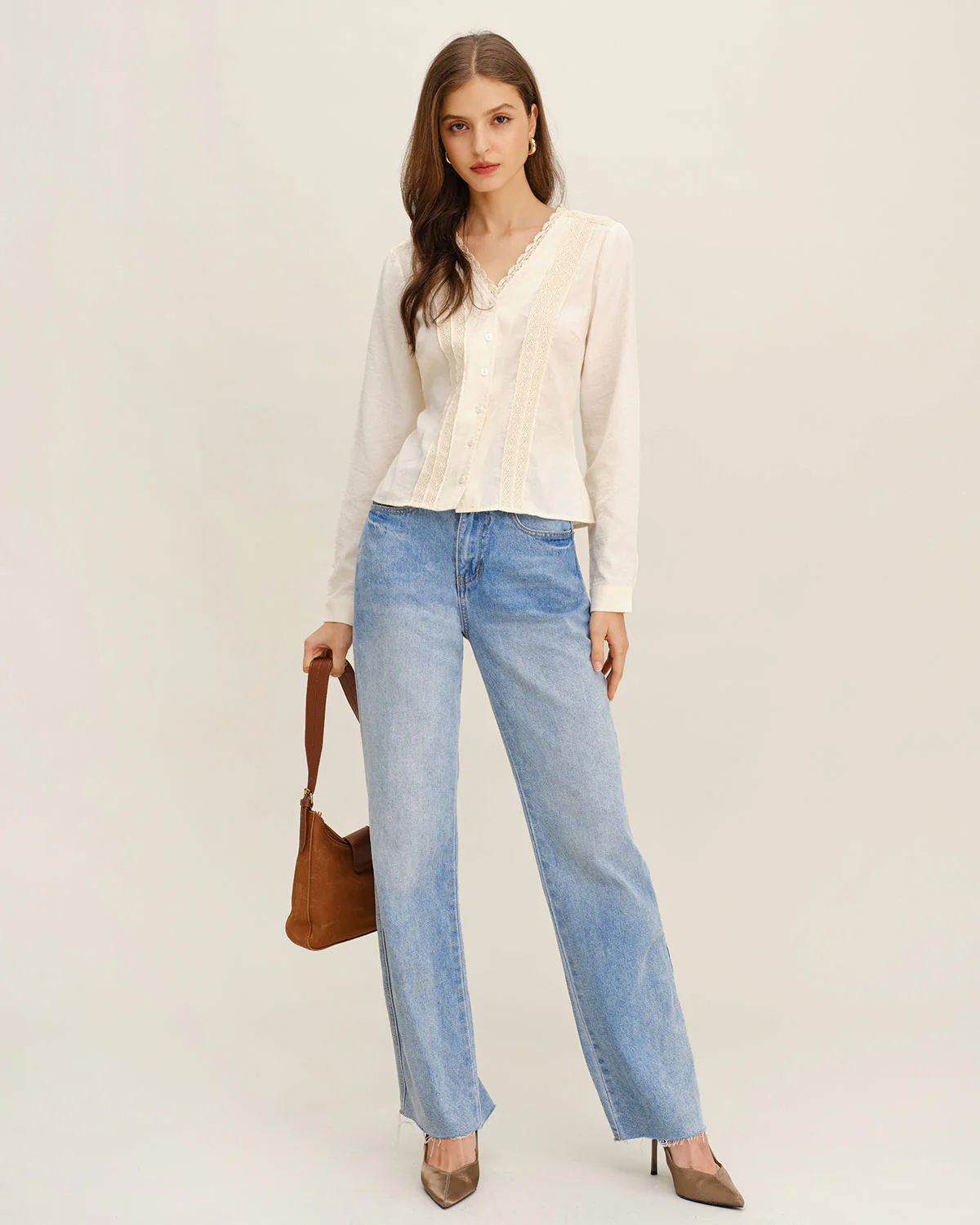 Apricot V Neck Lace Shirt - Image 4