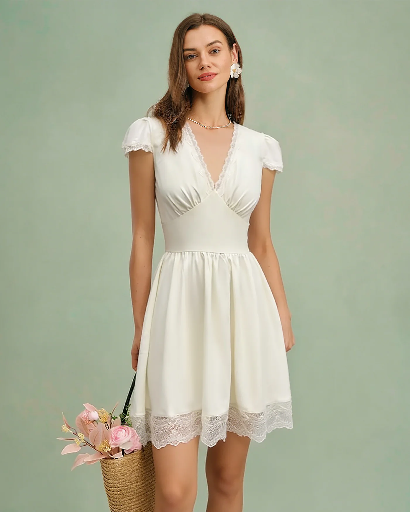 Apricot V Neck Lace Splicing Mini Dress - Image 2
