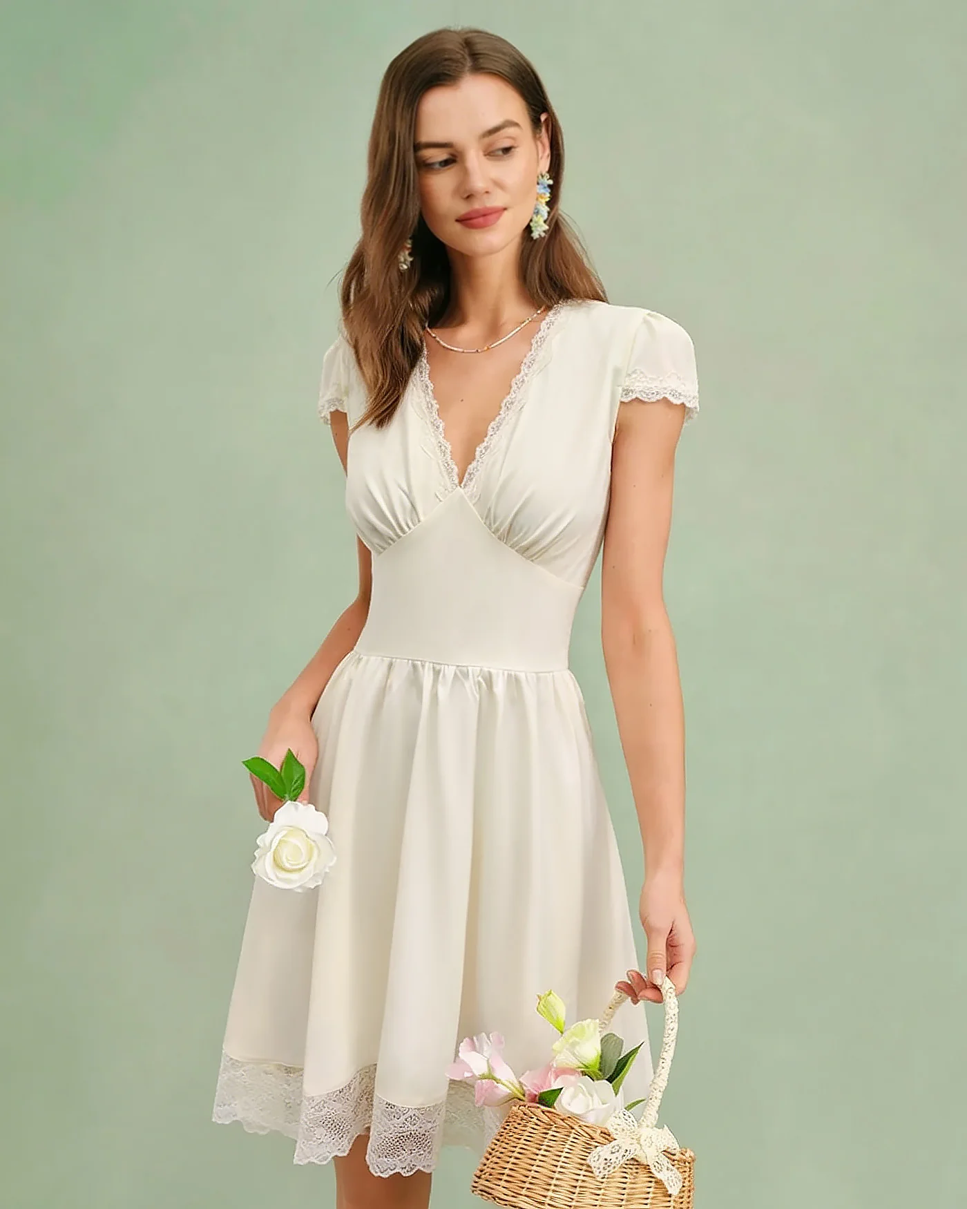 Apricot V Neck Lace Splicing Mini Dress - Image 3