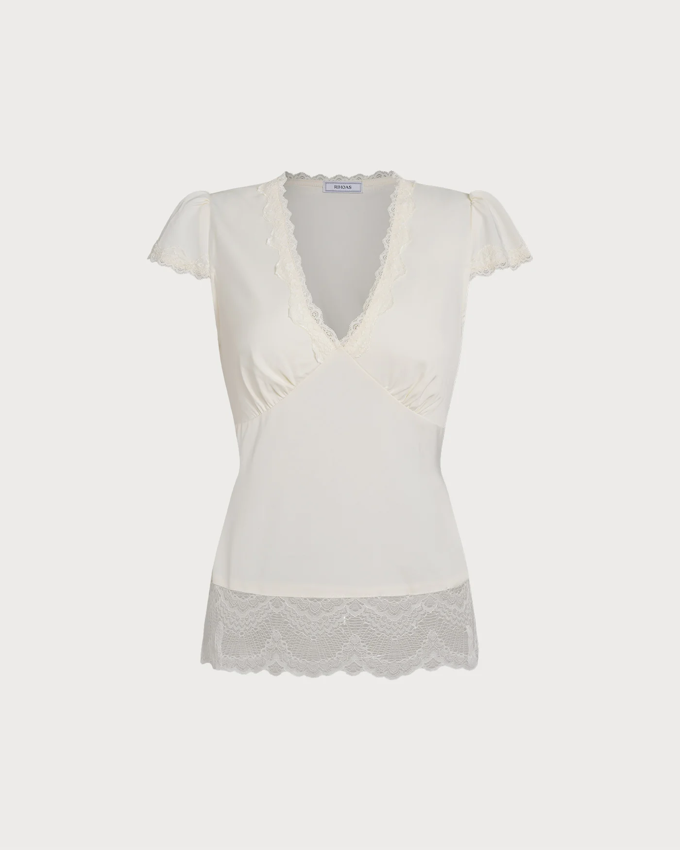 Apricot V Neck Lace Splicing Tee - Image 7