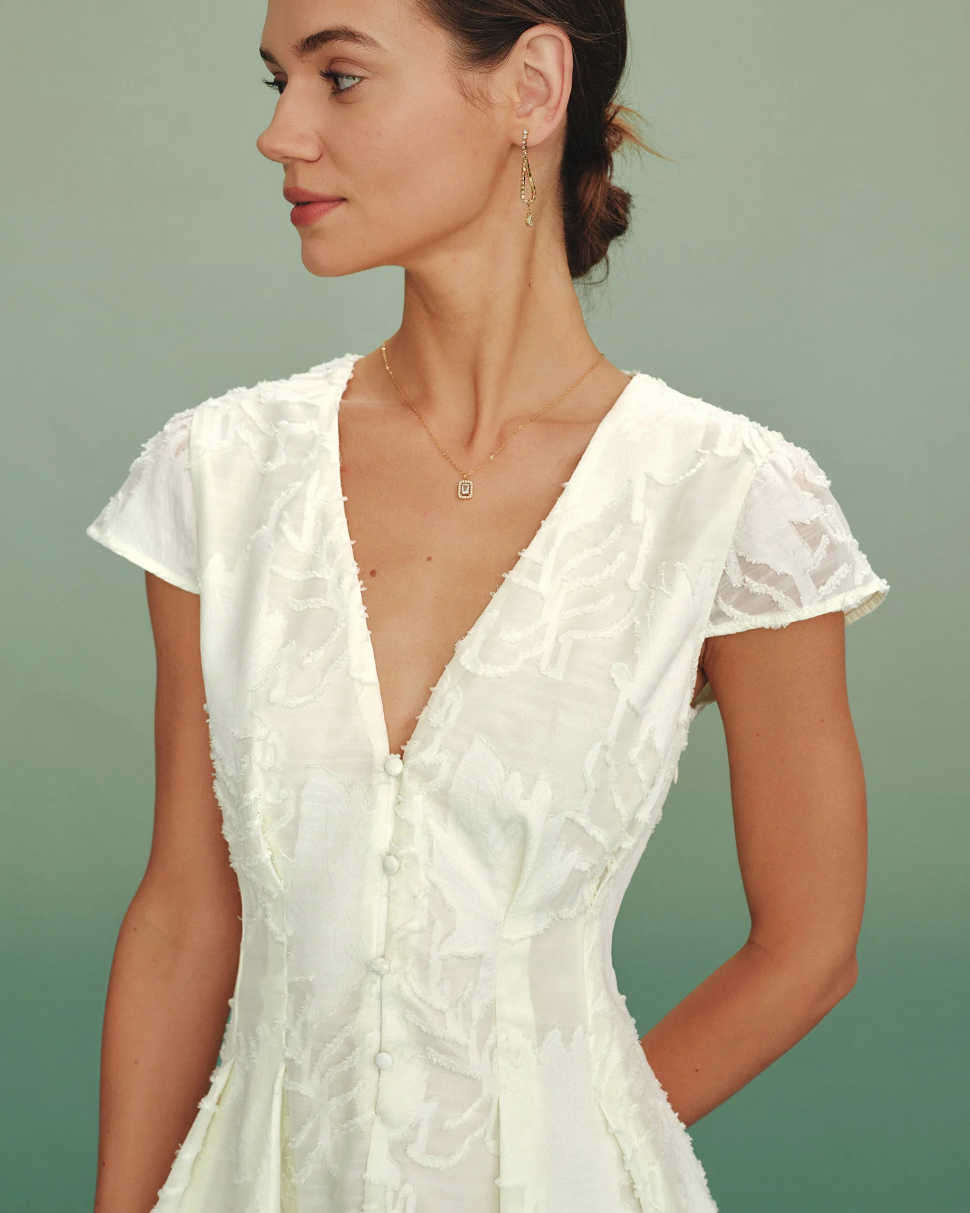Apricot V Neck Textured Mini Dress - Image 2