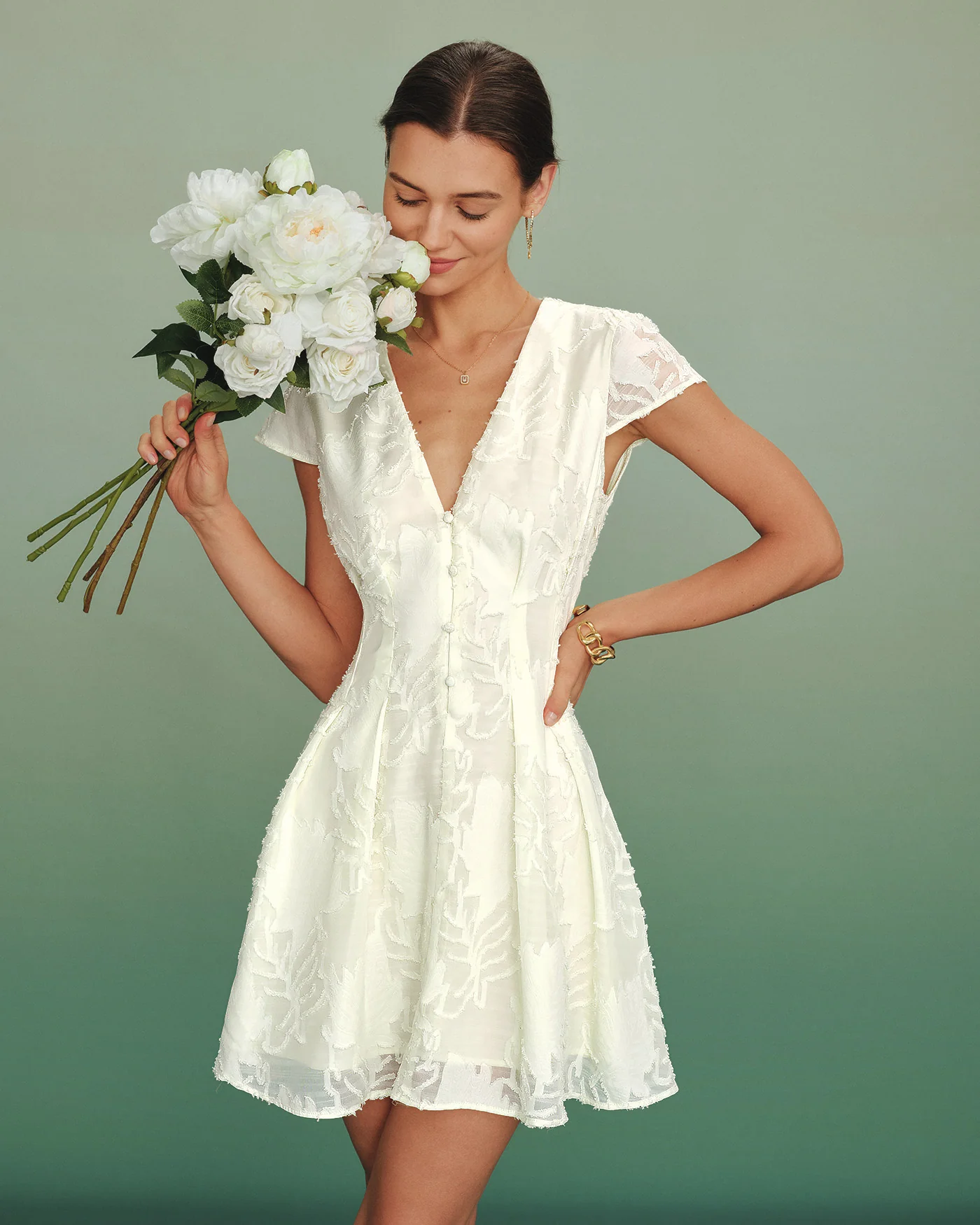 Apricot V Neck Textured Mini Dress - Image 3