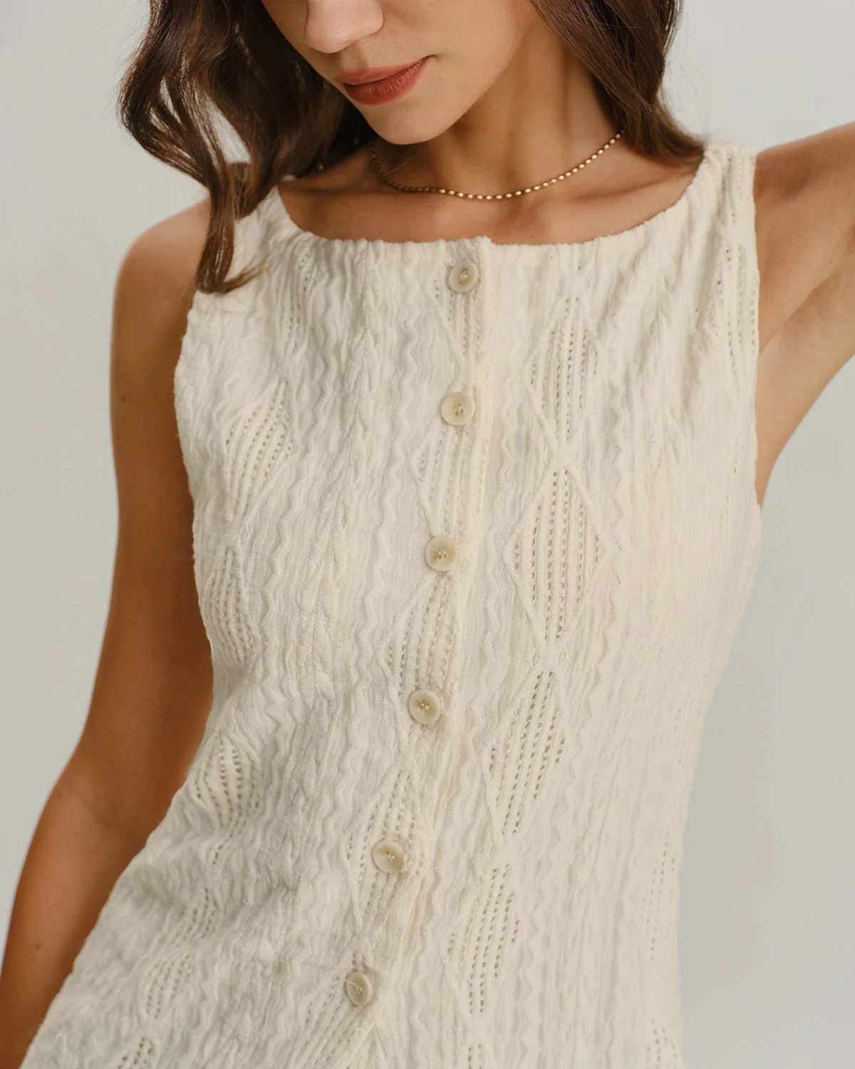 Beige Boat Neck Button Tank Top - Image 2