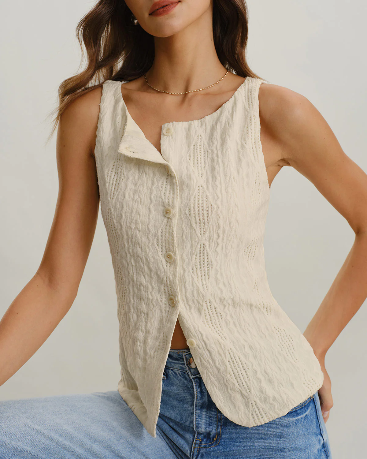 Beige Boat Neck Button Tank Top - Image 3