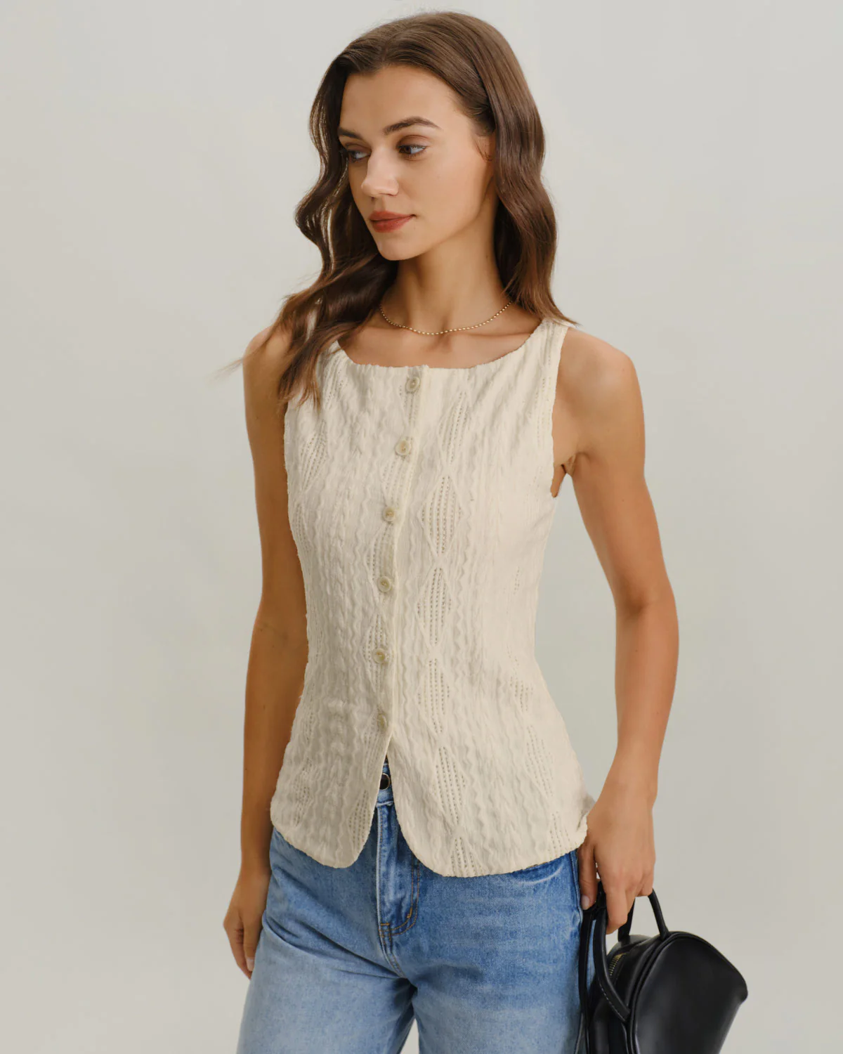 Beige Boat Neck Button Tank Top - Image 4