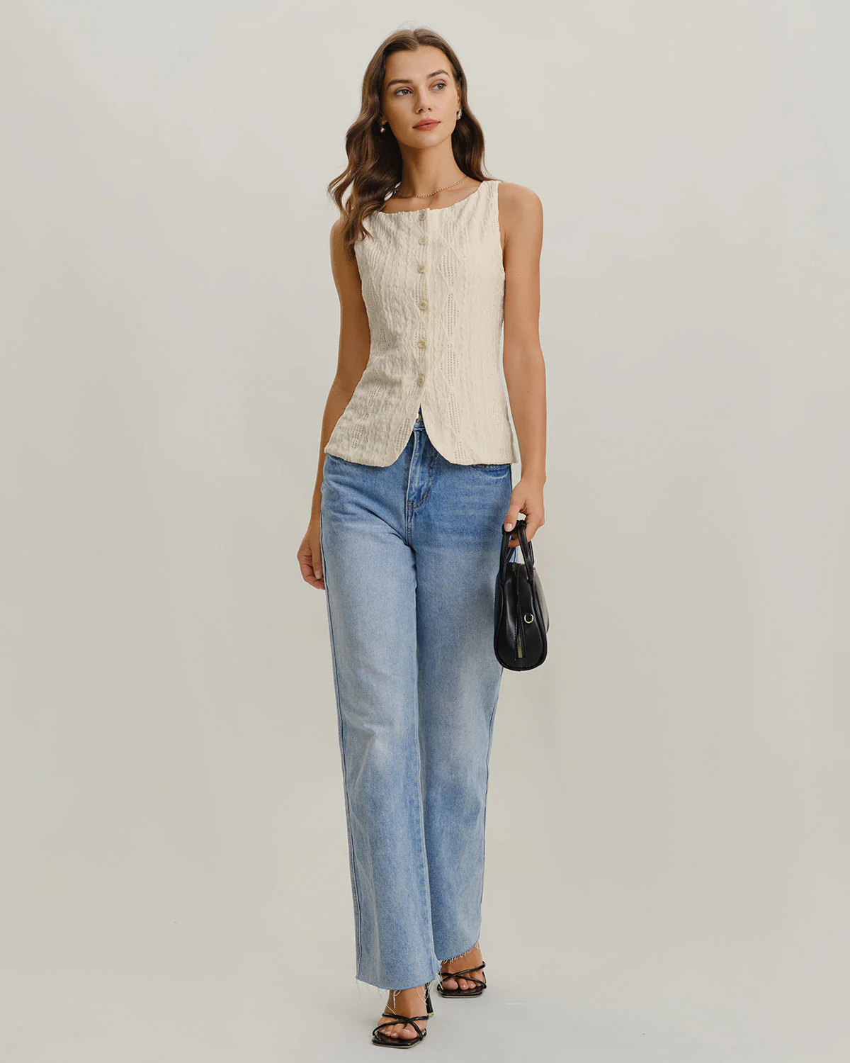 Beige Boat Neck Button Tank Top - Image 5