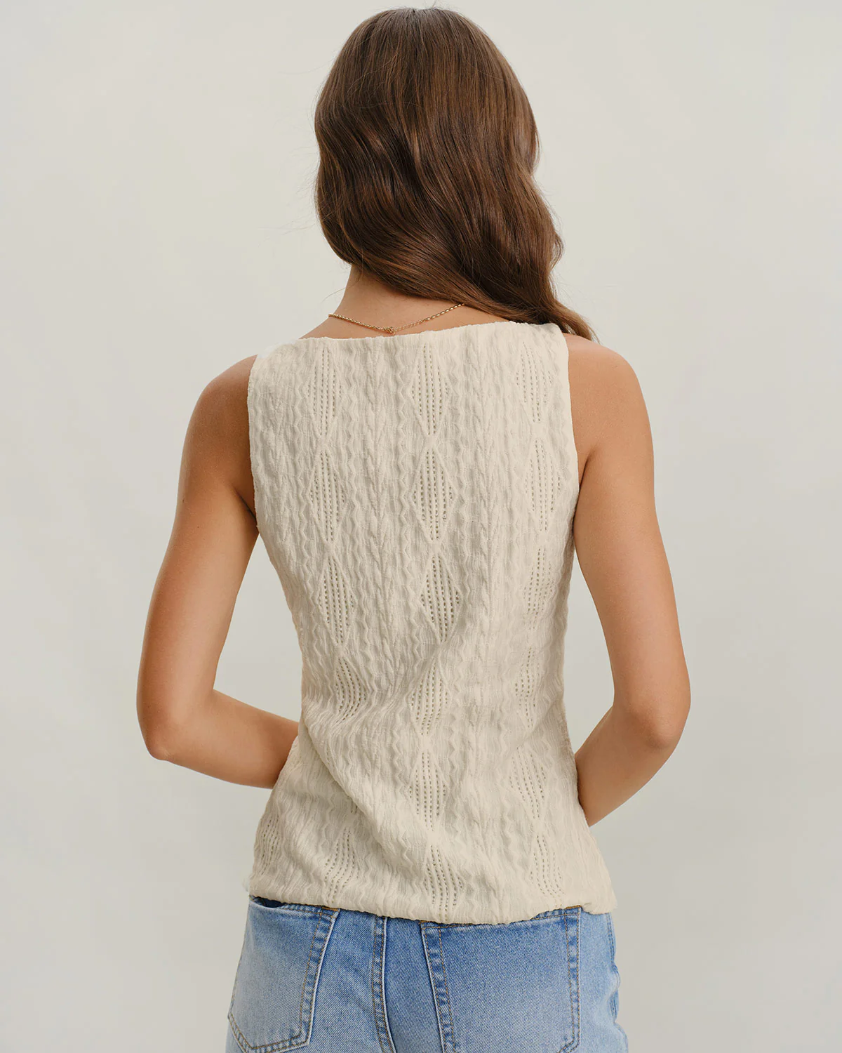 Beige Boat Neck Button Tank Top - Image 6