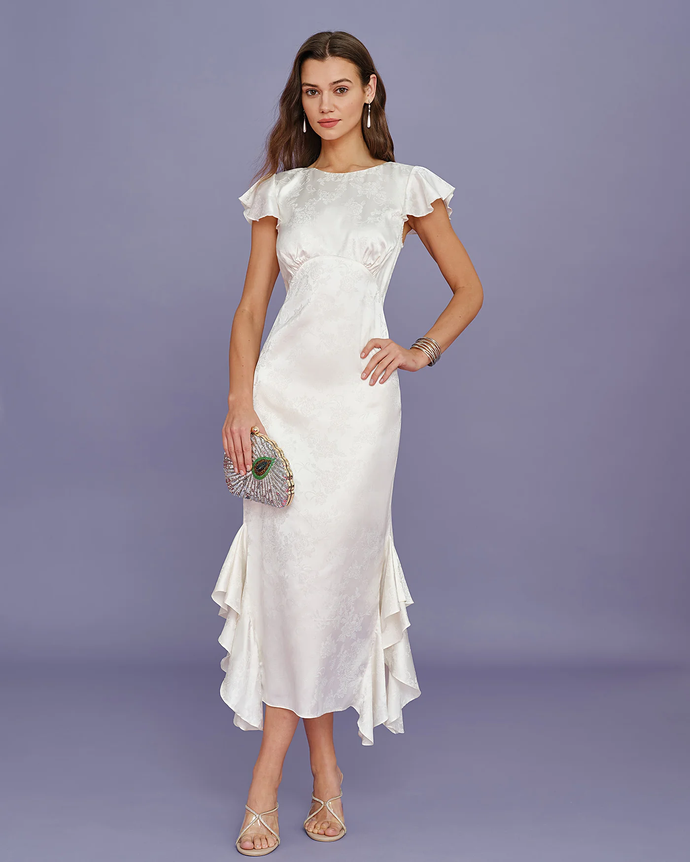 Beige Boat Neck Jacquard Ruffle Midi Dress - Image 3