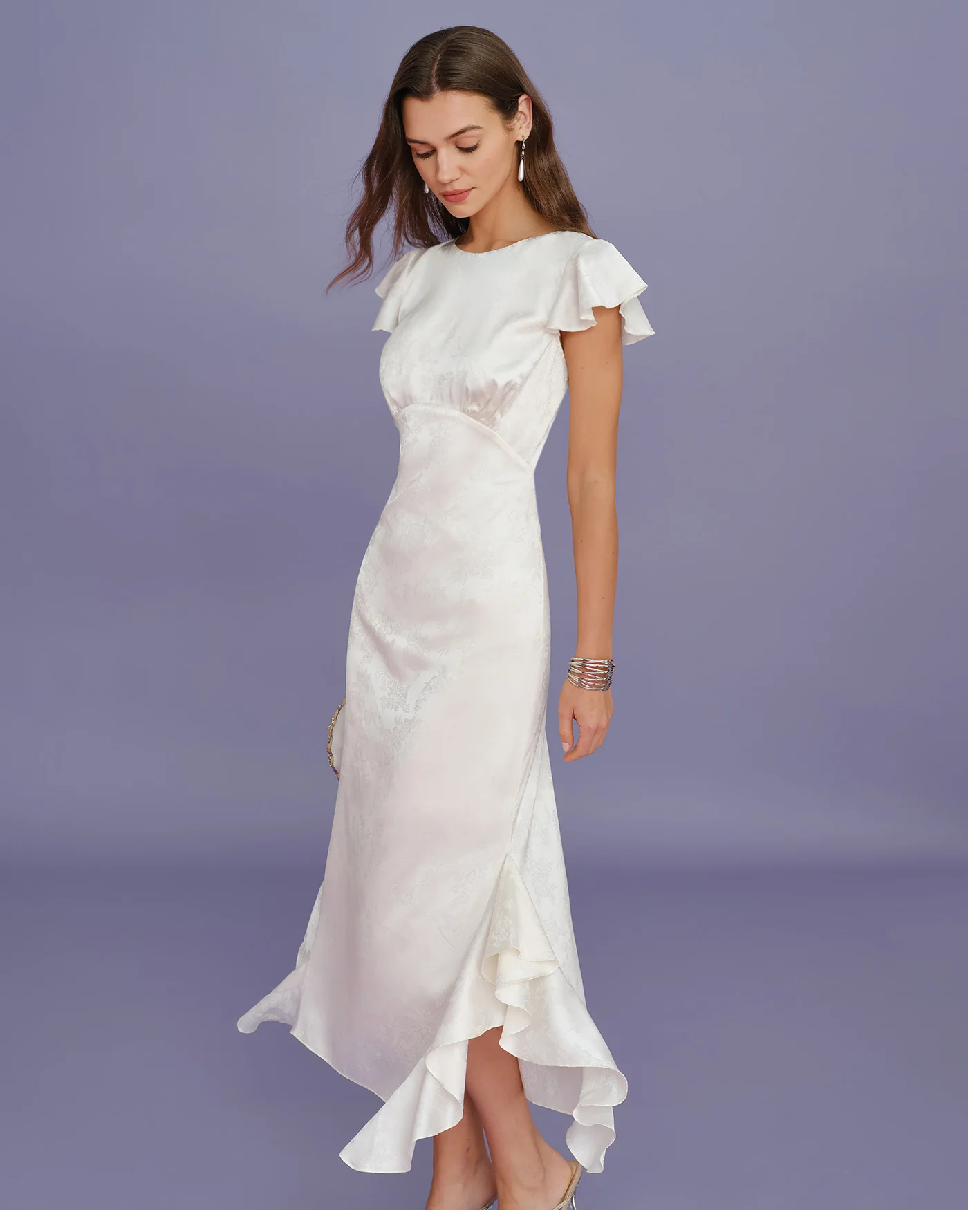 Beige Boat Neck Jacquard Ruffle Midi Dress - Image 4