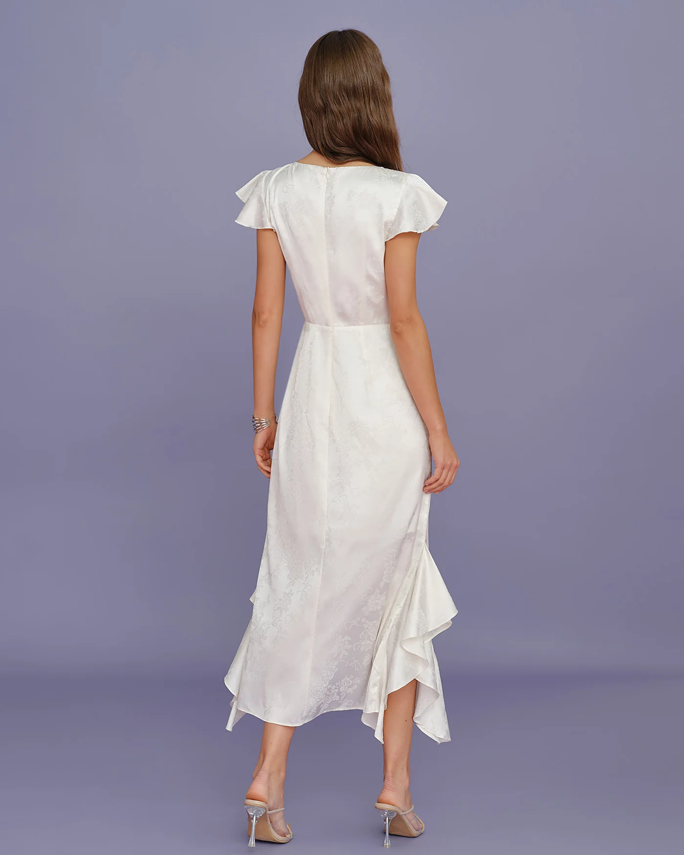 Beige Boat Neck Jacquard Ruffle Midi Dress - Image 5