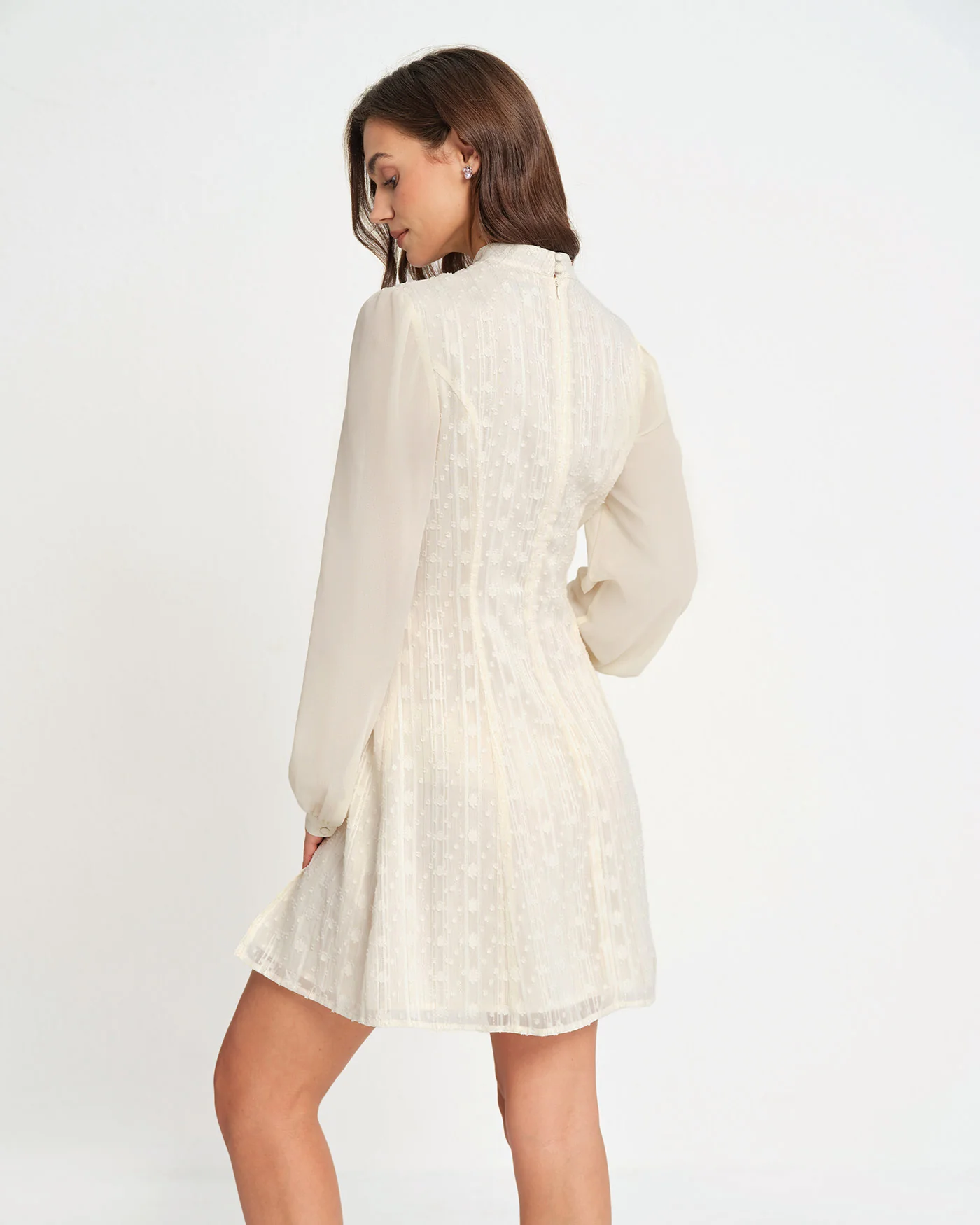Beige Chiffon Mock Neck Mini Dress - Image 3