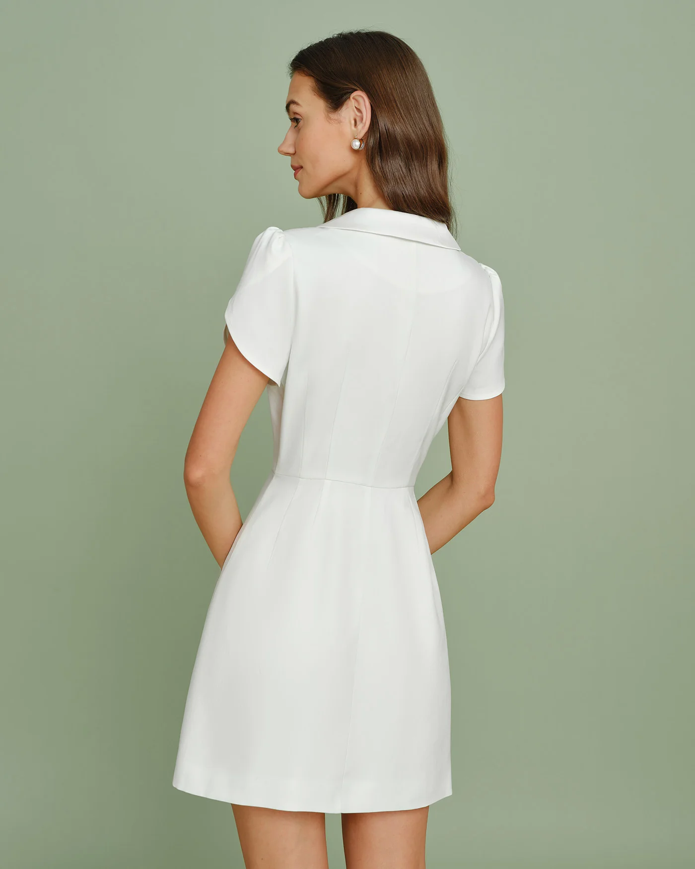 Beige Collar Button Satin Mini Dress - Image 3