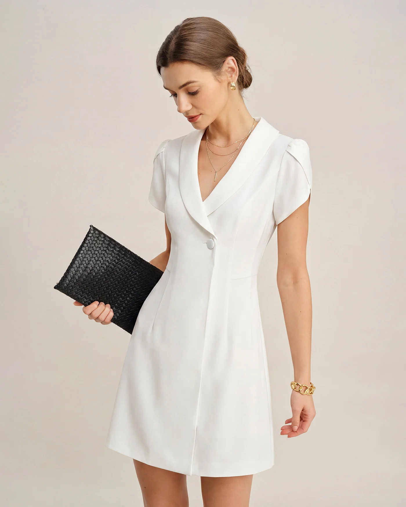 Beige Collar Button Satin Mini Dress - Image 5