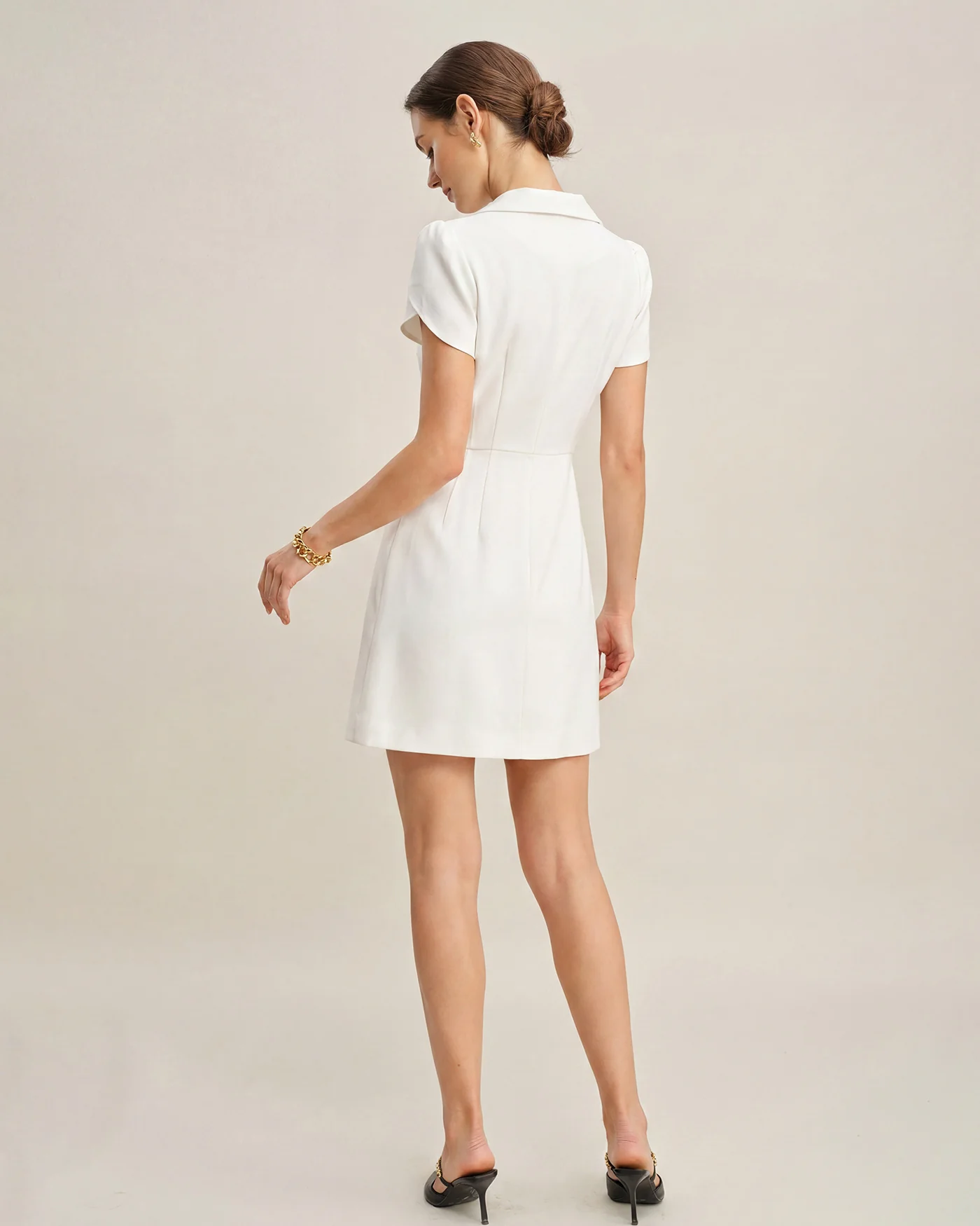Beige Collar Button Satin Mini Dress - Image 7