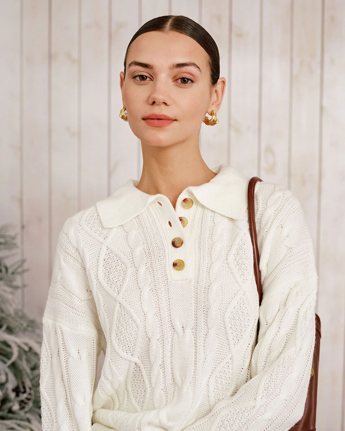 Beige Drop Shoulder Button Sweater - Image 2