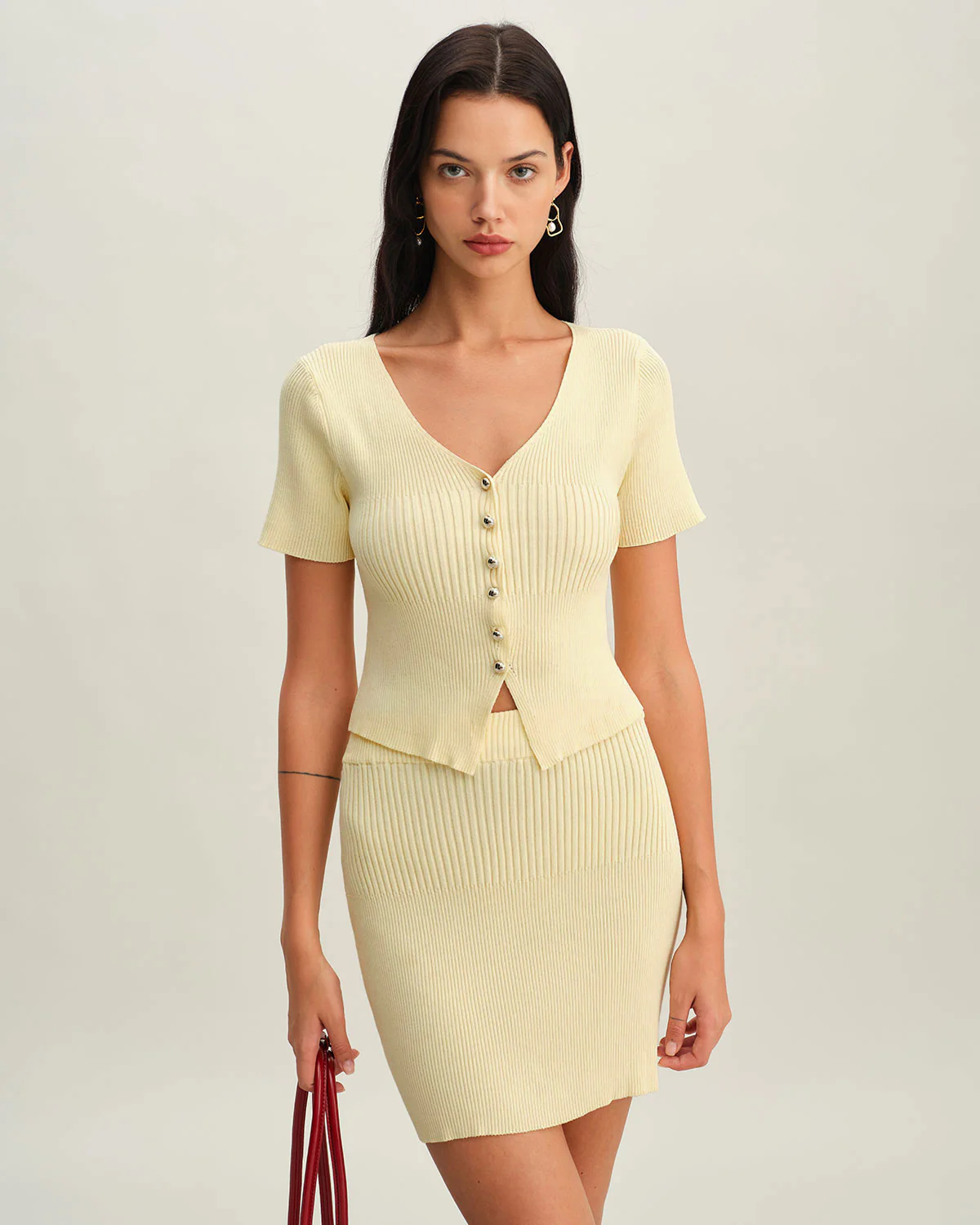 Beige Elastic Waist Knit Mini Skirt - Image 3