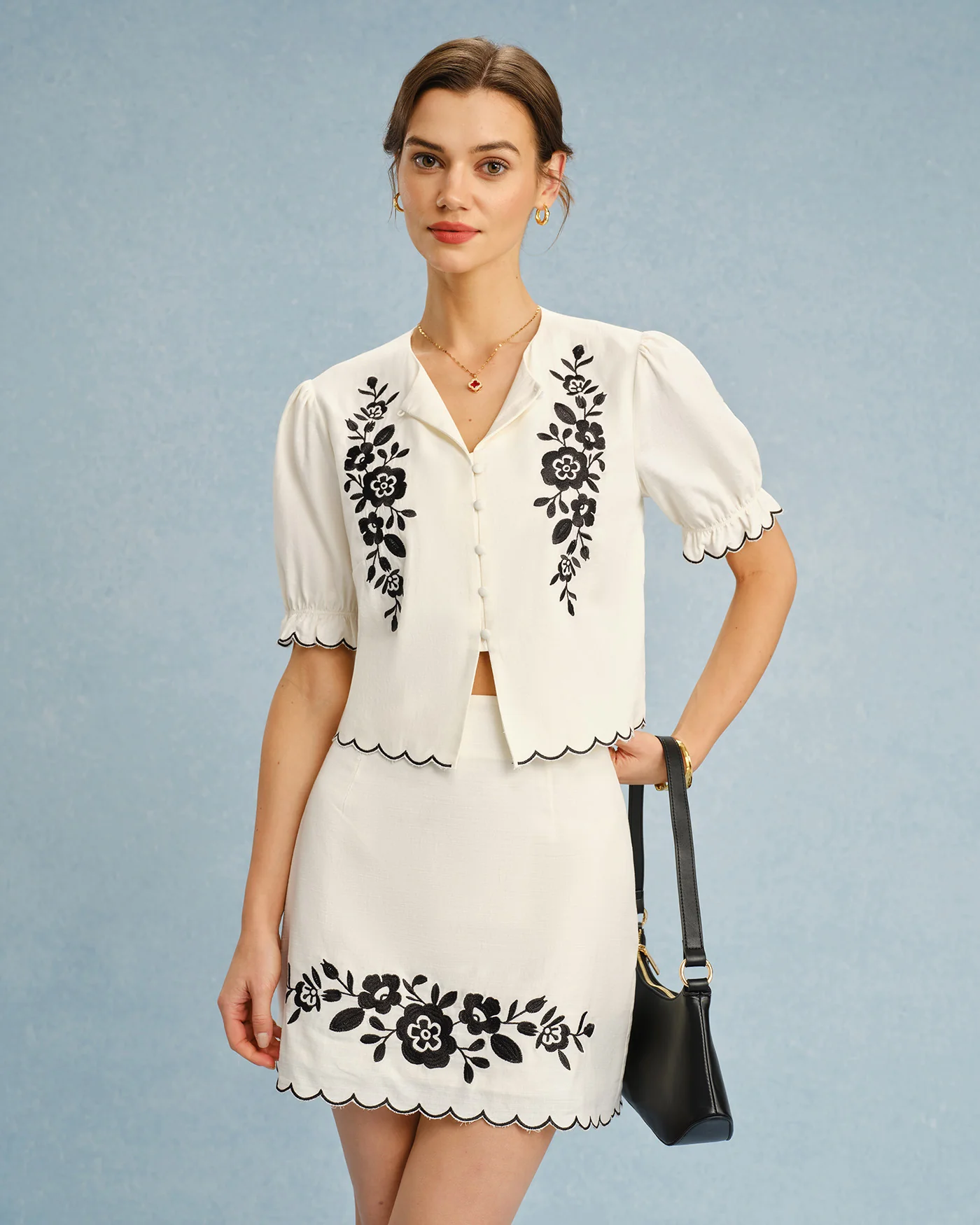 Beige Embroidery Contrasting Mini Skirt - Image 6
