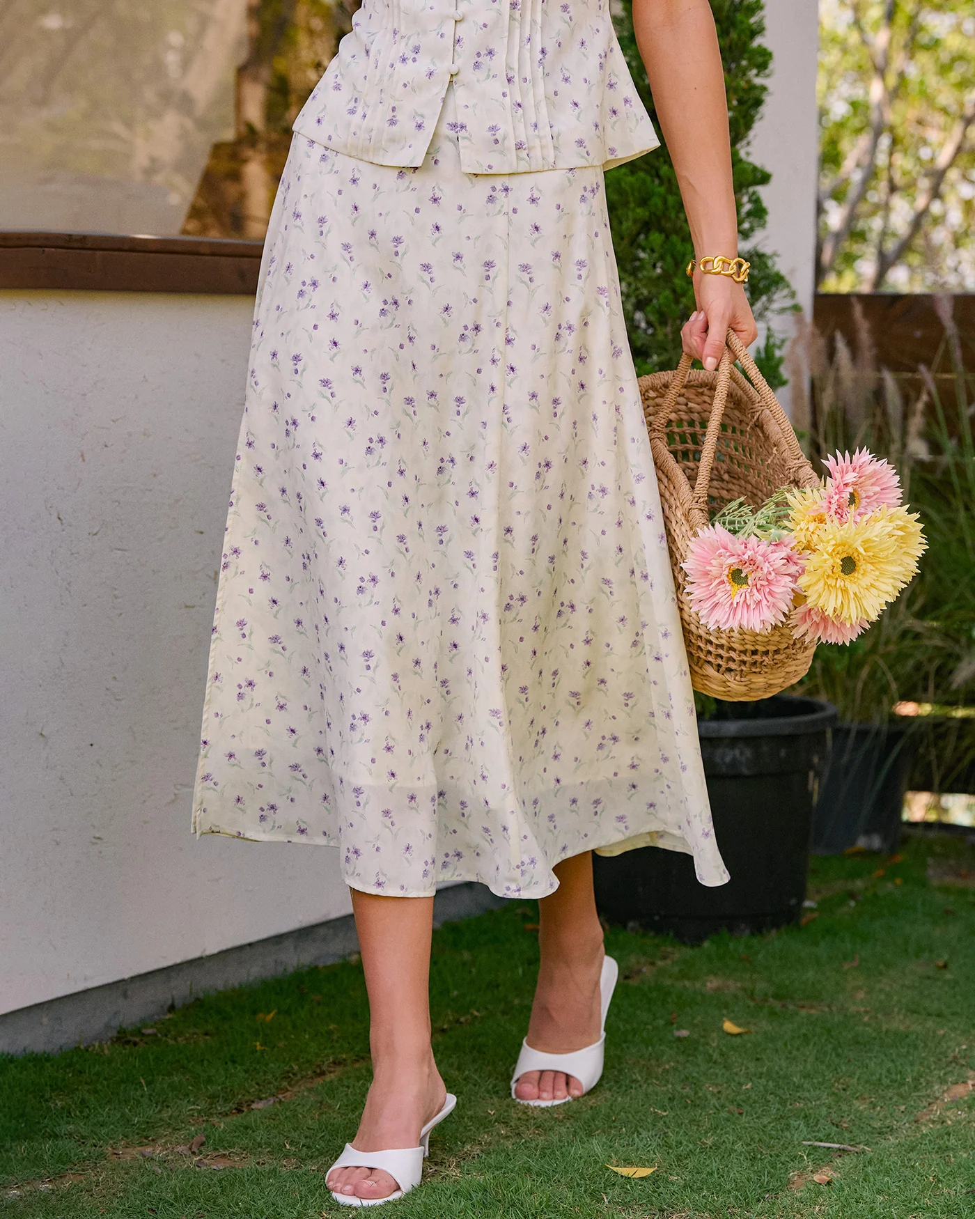 Beige Floral Slit Midi Skirt - Image 2