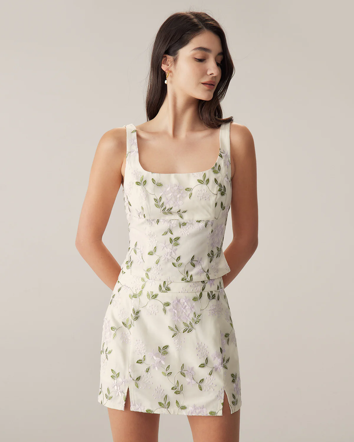 Beige Floral Straight Mini Skirt - Image 4