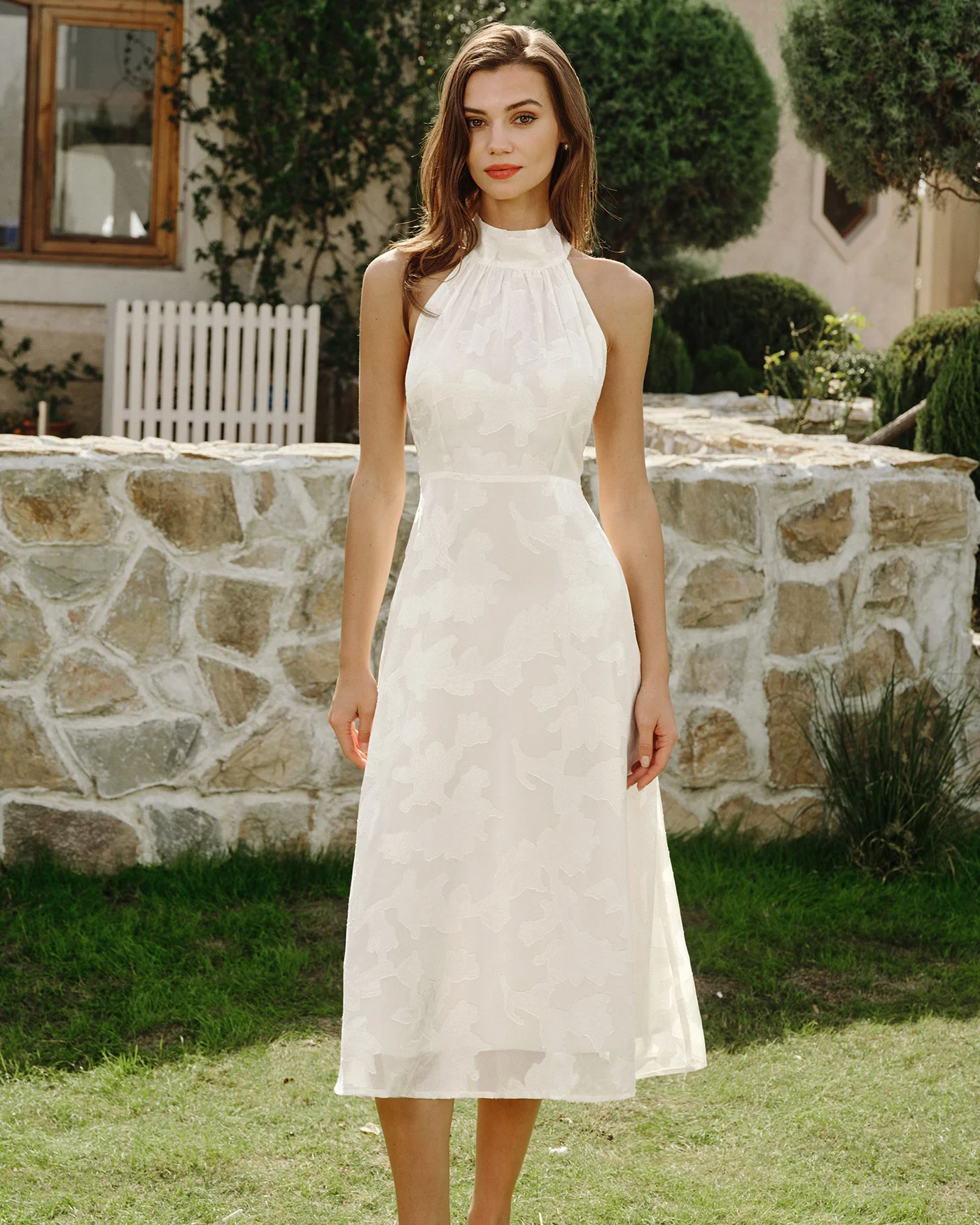 Beige Halter Floral Midi Dresses - Image 3