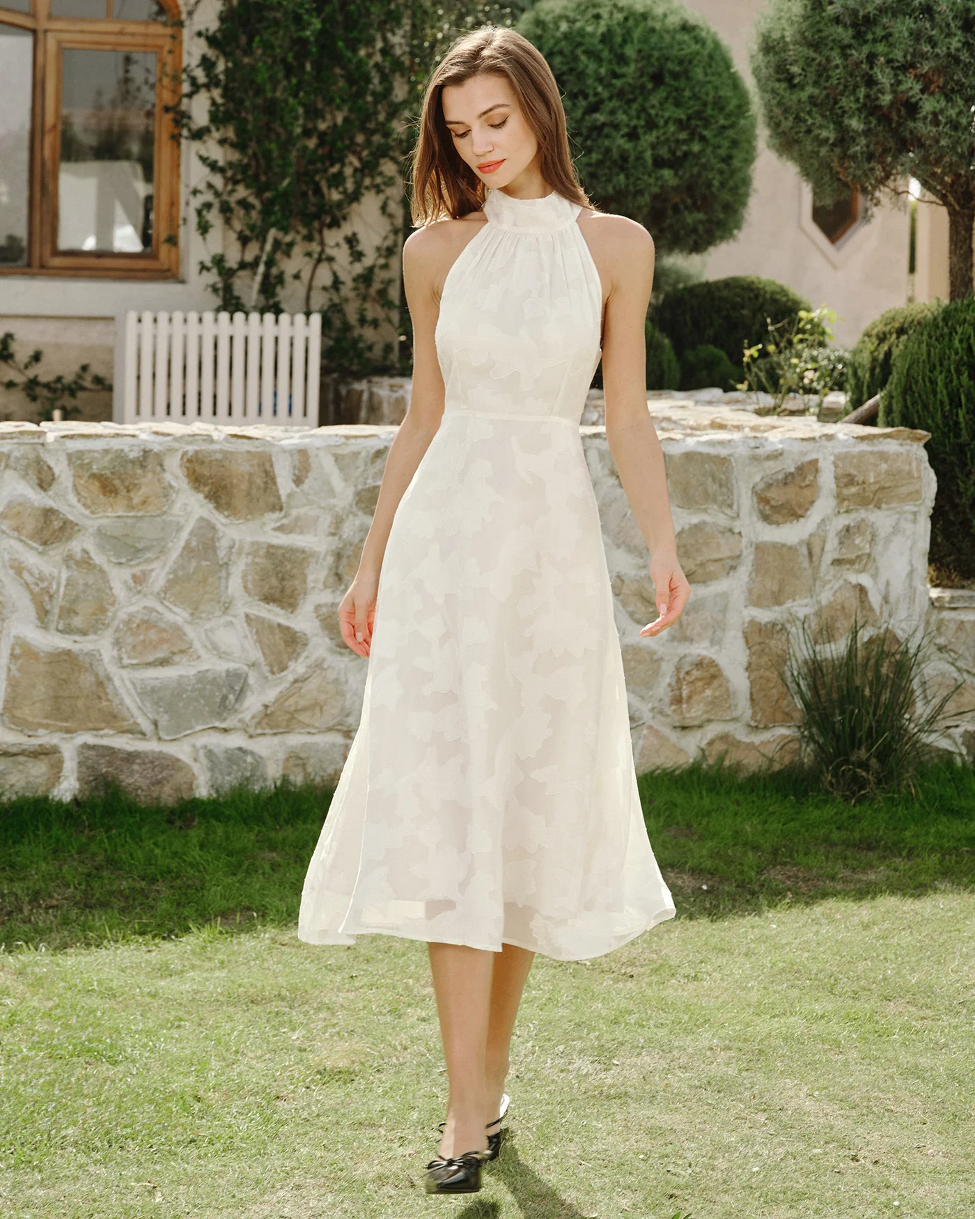 Beige Halter Floral Midi Dresses - Image 5