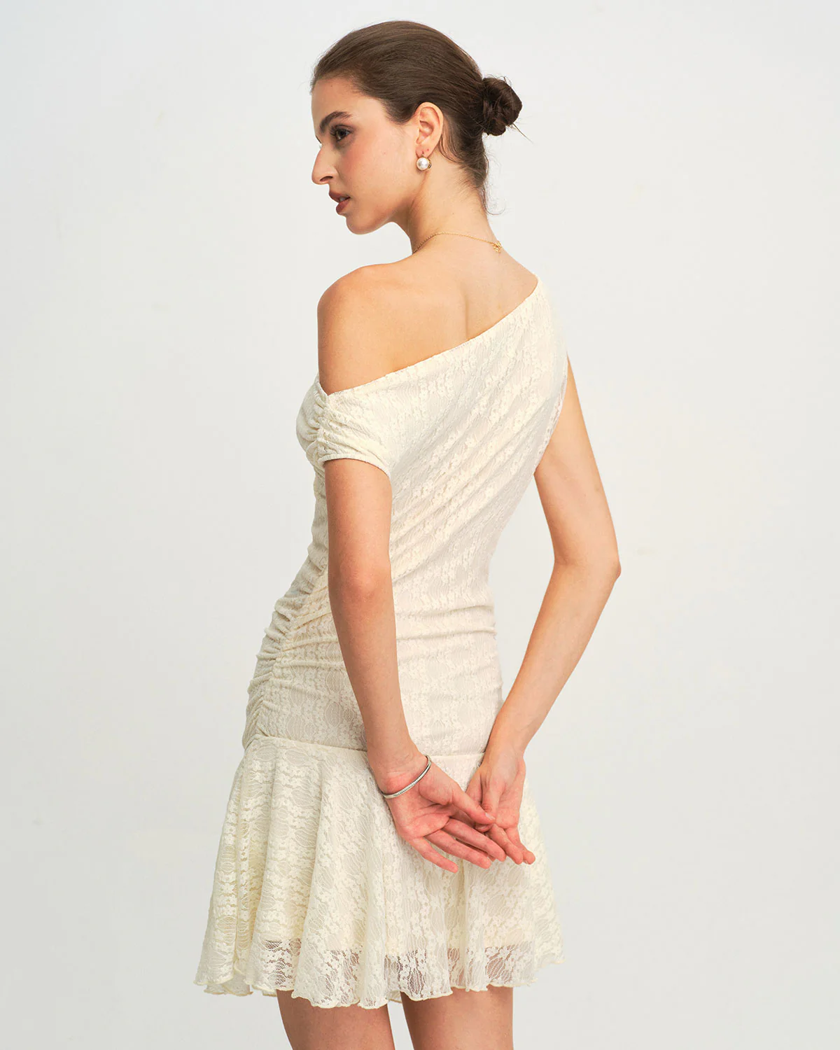 Beige Lace One Shoulder Mini Dress - Image 3