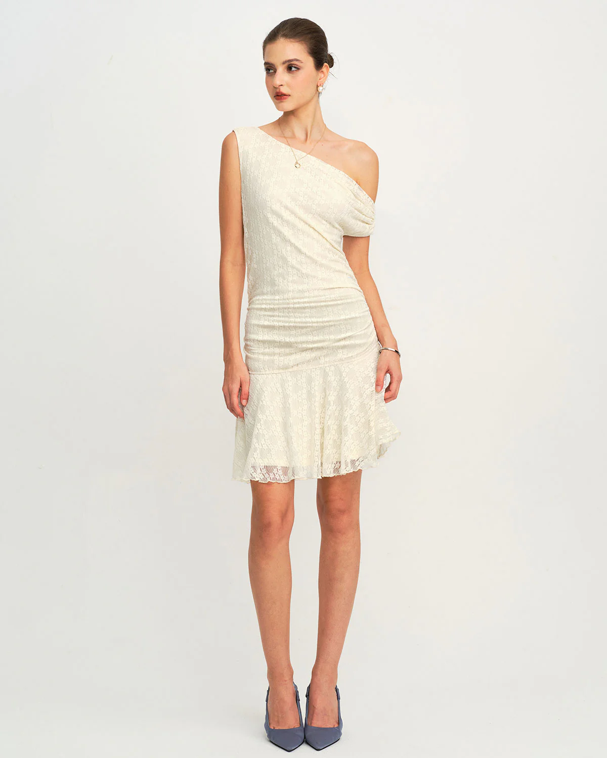 Beige Lace One Shoulder Mini Dress - Image 4