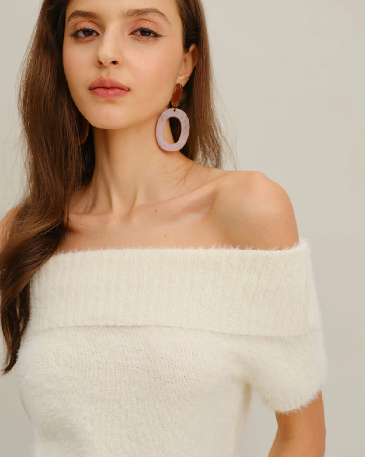 Beige Off The Shoulder Knit Tee - Image 2
