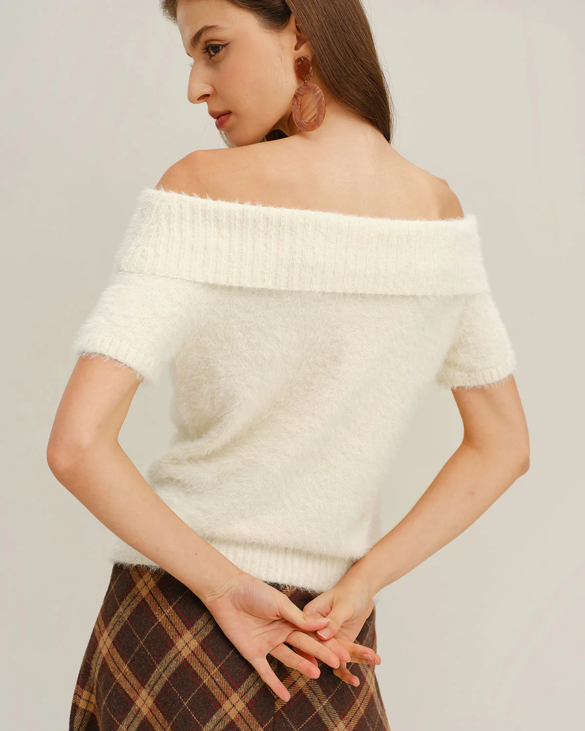 Beige Off The Shoulder Knit Tee - Image 3