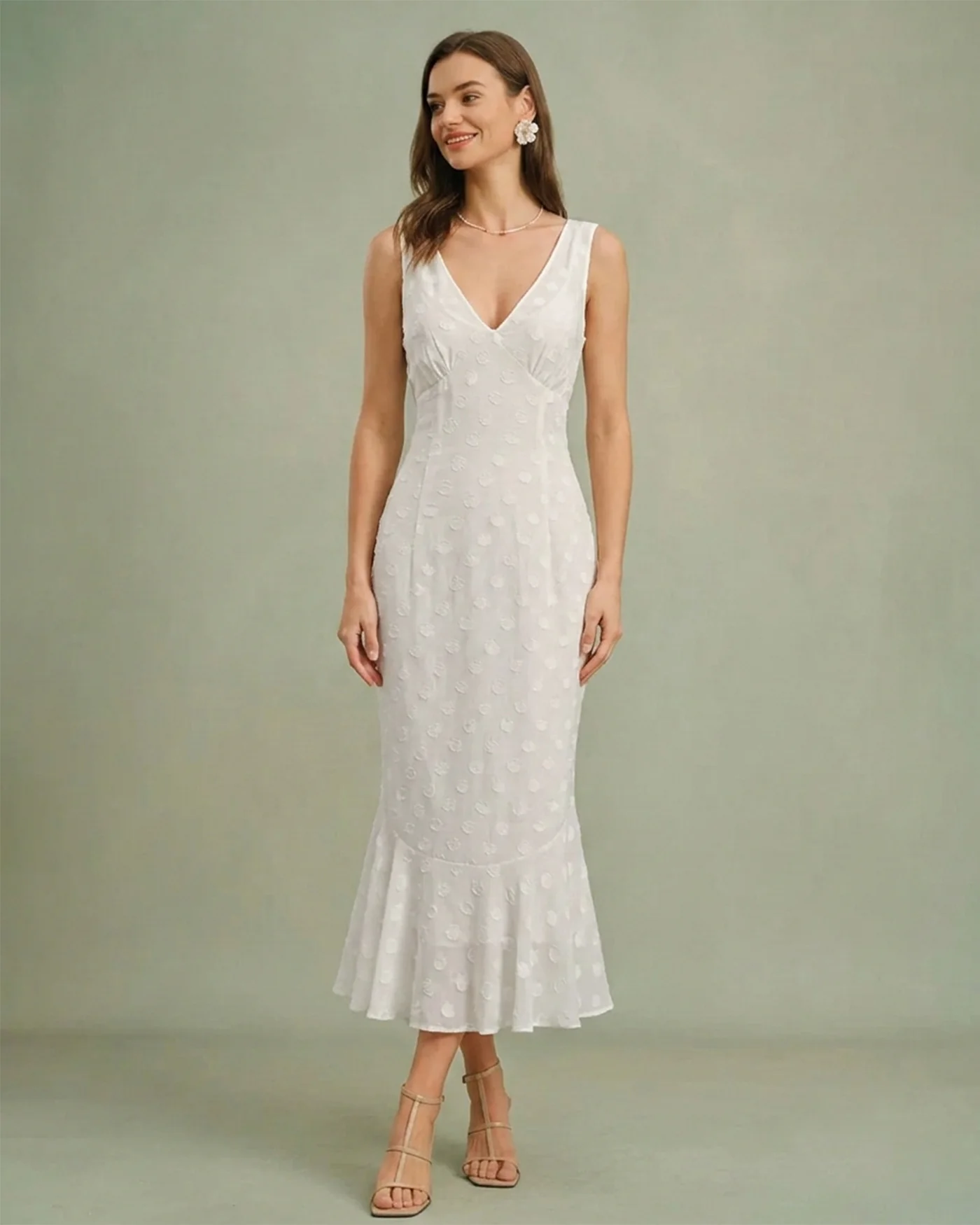 Beige Polka Dot V-Neck Midi Dress - Image 2