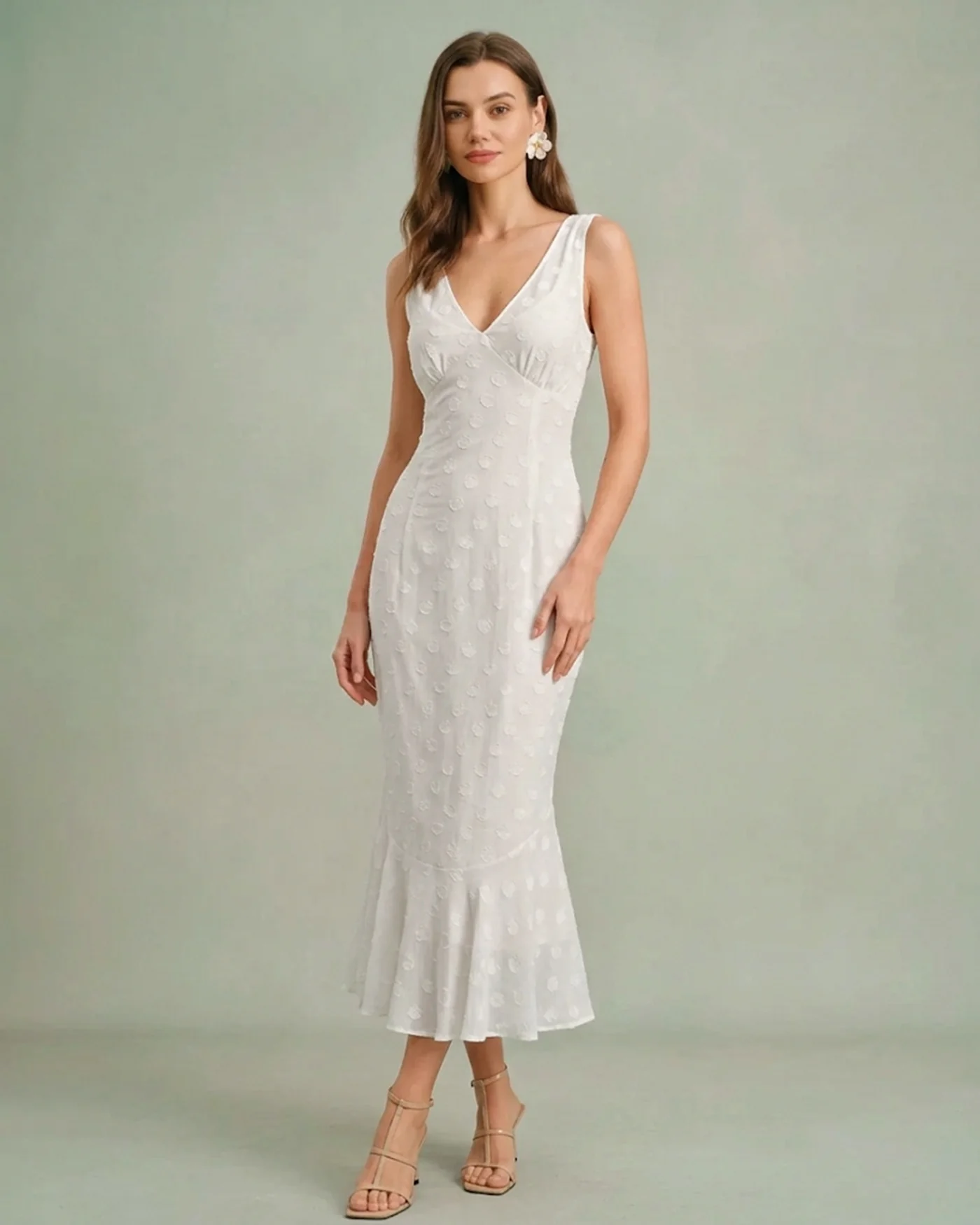 Beige Polka Dot V-Neck Midi Dress - Image 3