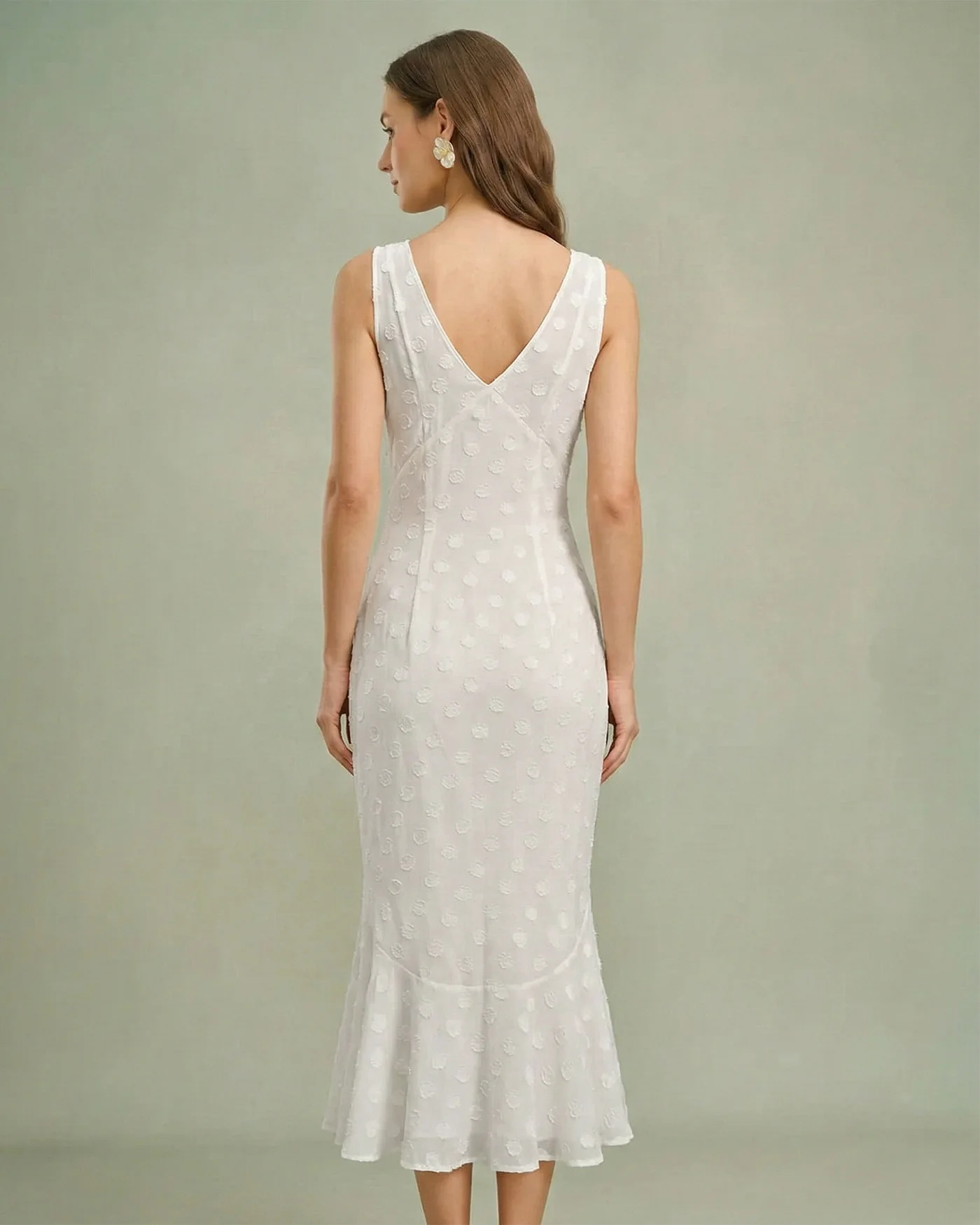 Beige Polka Dot V-Neck Midi Dress - Image 4