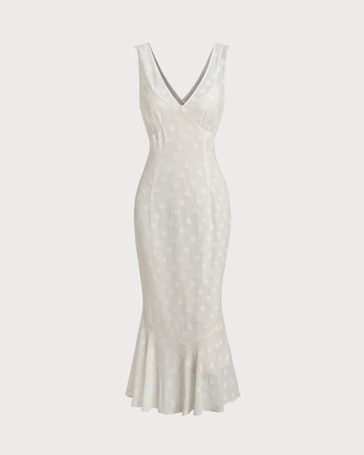 Beige Polka Dot V-Neck Midi Dress - Image 5
