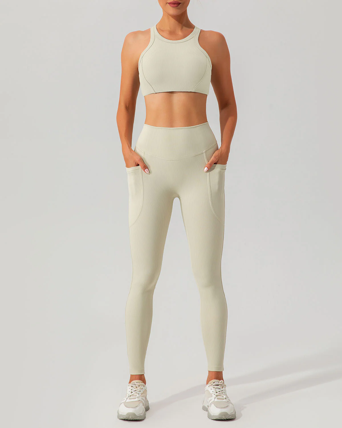 Beige Quick-drying High Waisted Yoga Leggings - Image 4