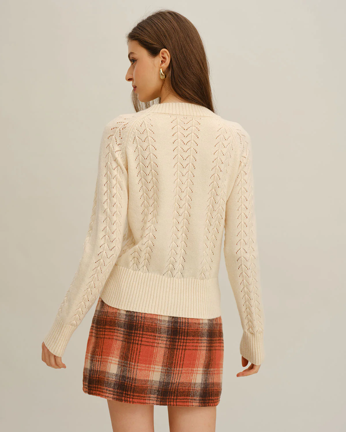 Beige Round Neck Knit Cardigan - Image 3