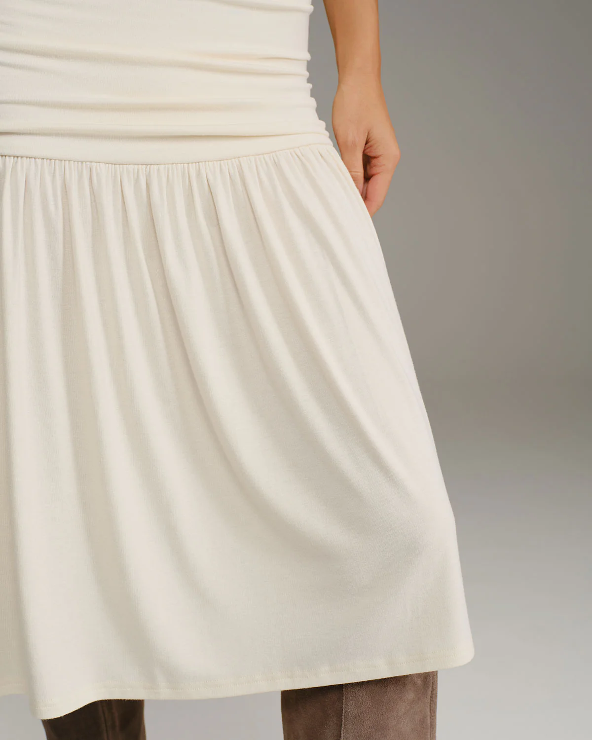 Beige Ruched A-Line Slip Midi Dress - Image 2