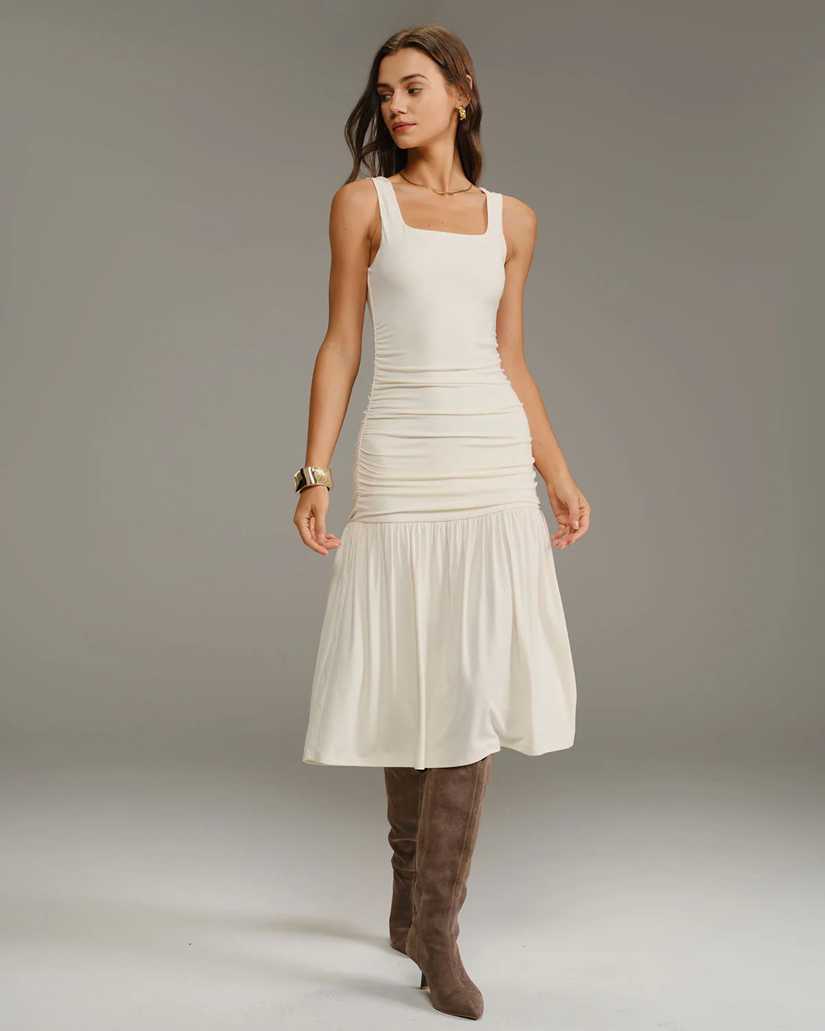 Beige Ruched A-Line Slip Midi Dress - Image 3