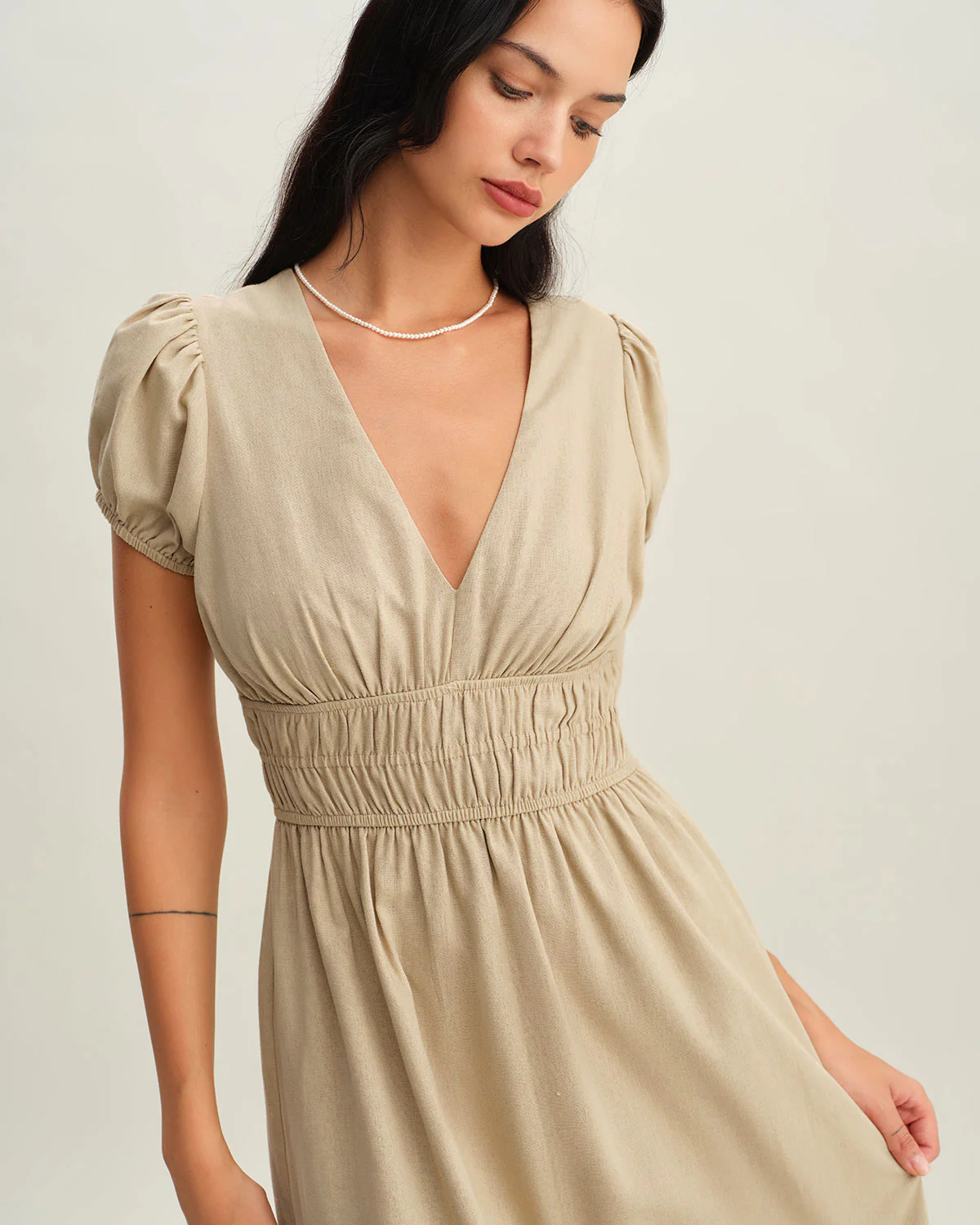 Beige Ruched Puffed Sleeve Midi Dress - Image 2