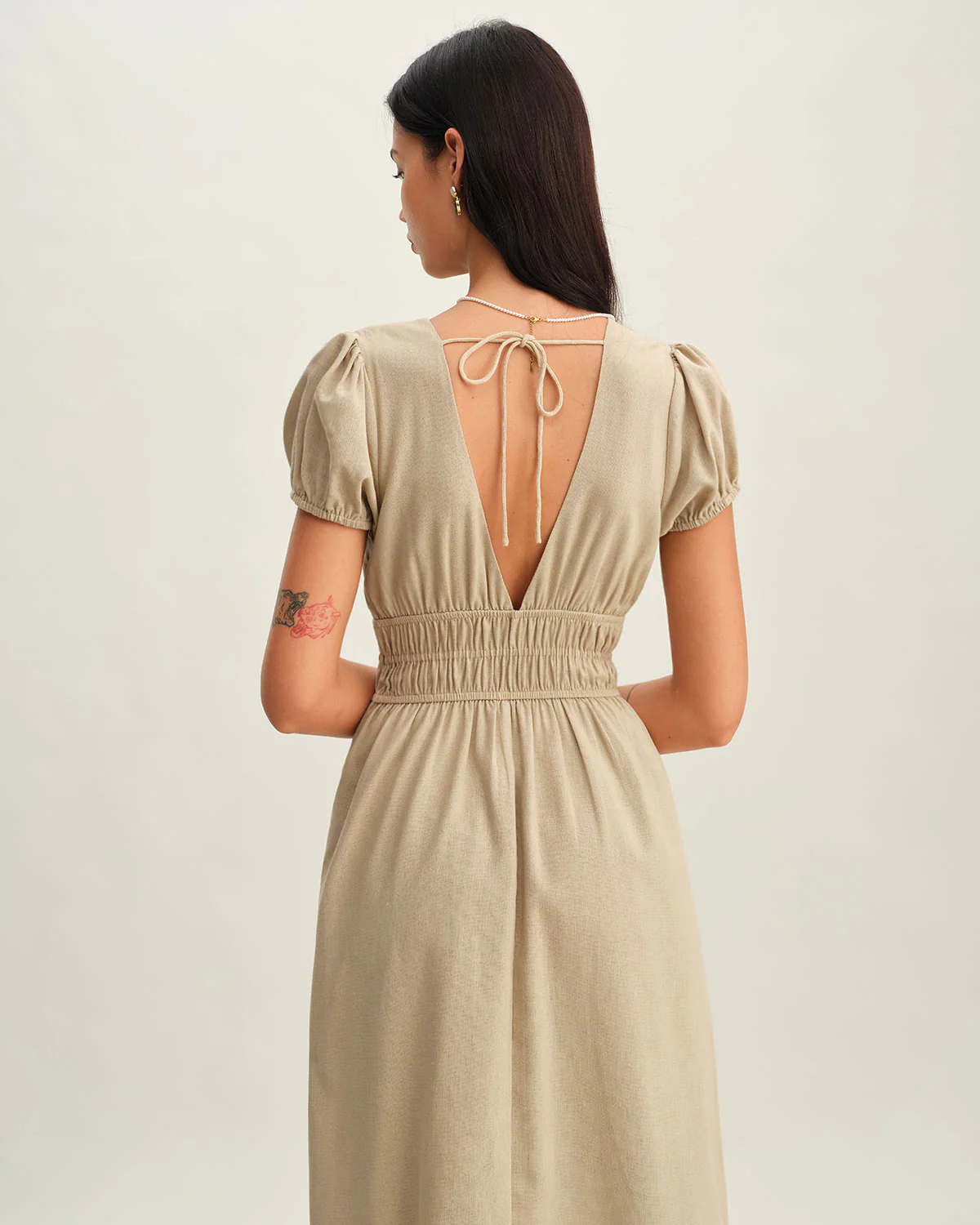 Beige Ruched Puffed Sleeve Midi Dress - Image 3