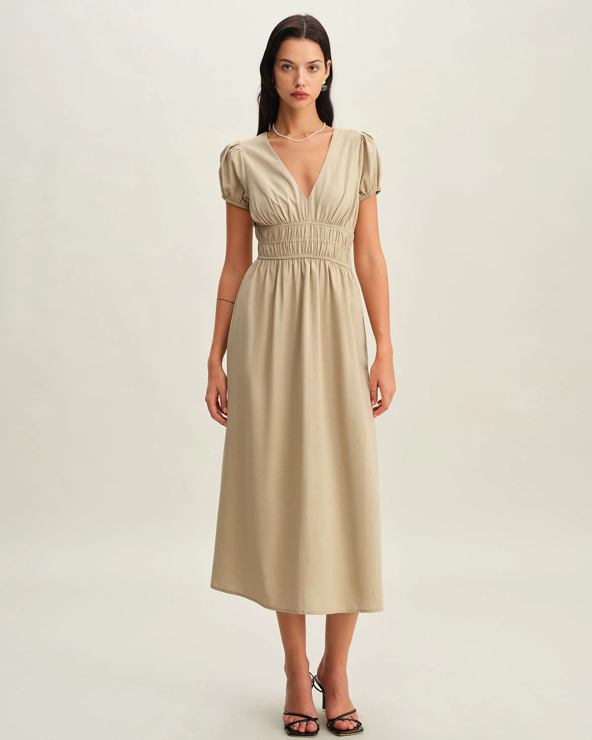 Beige Ruched Puffed Sleeve Midi Dress - Image 4
