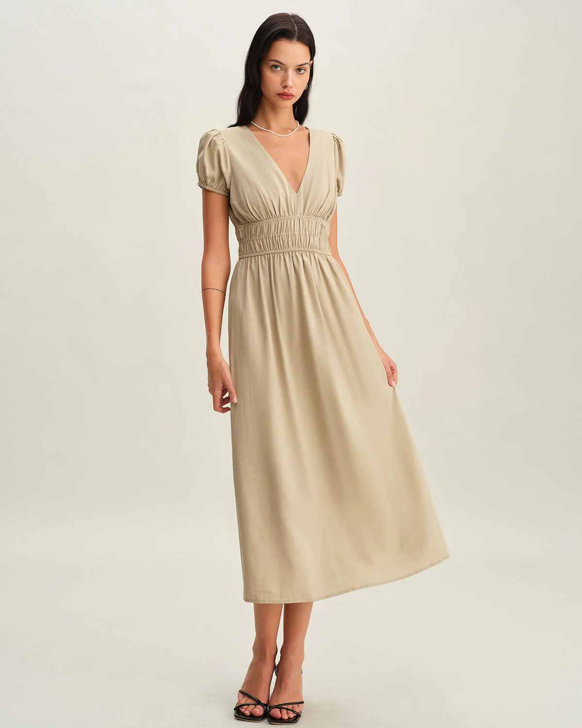 Beige Ruched Puffed Sleeve Midi Dress - Image 5