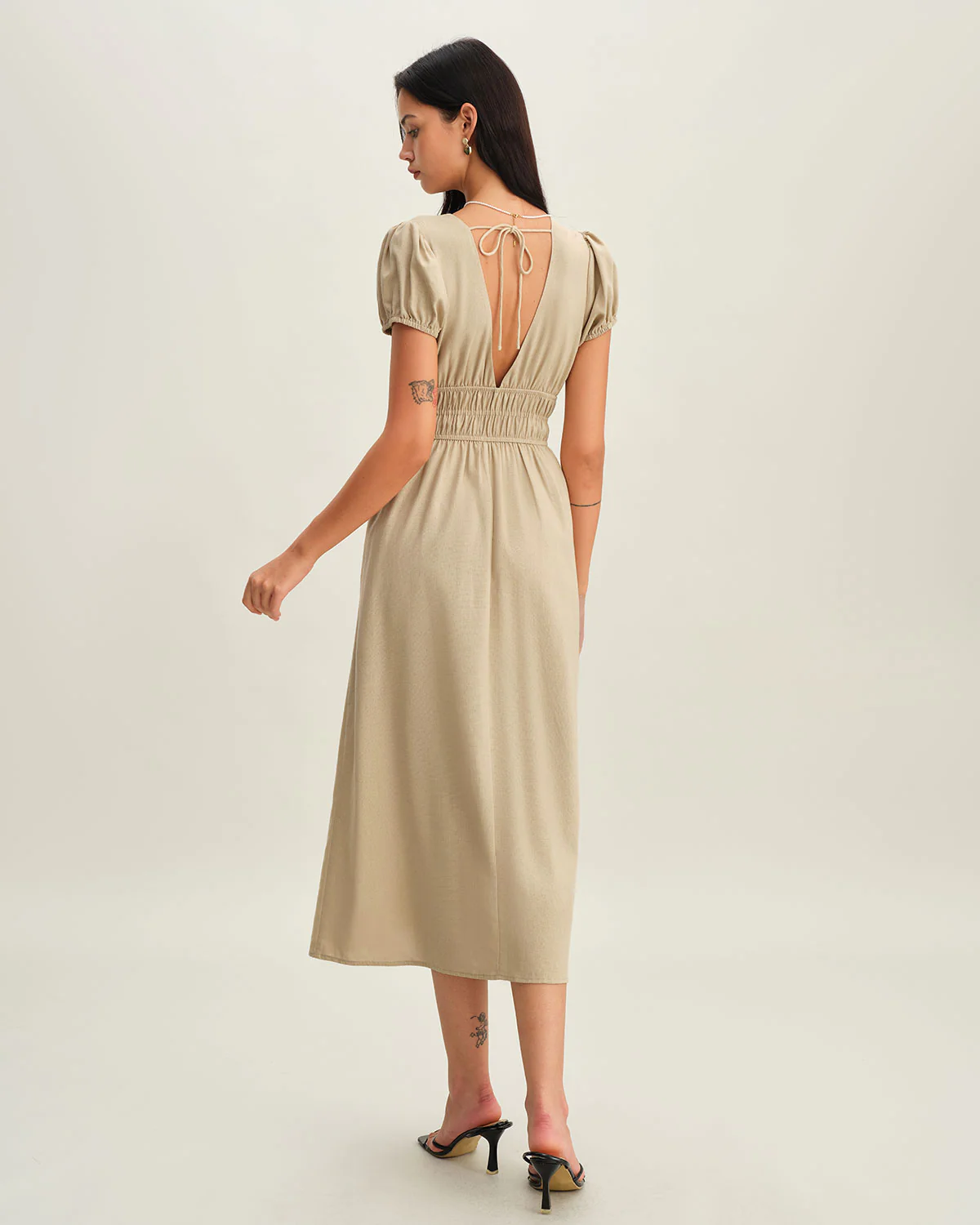 Beige Ruched Puffed Sleeve Midi Dress - Image 6