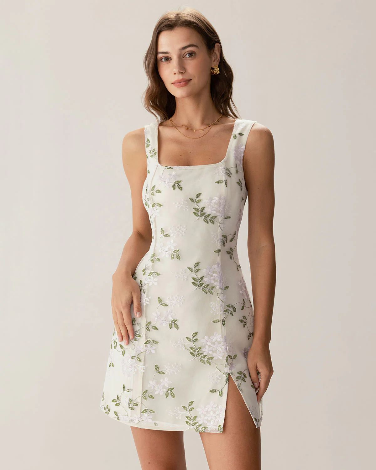 Beige Square Neck Embroidery Slit Slip Mini Dress - Image 3