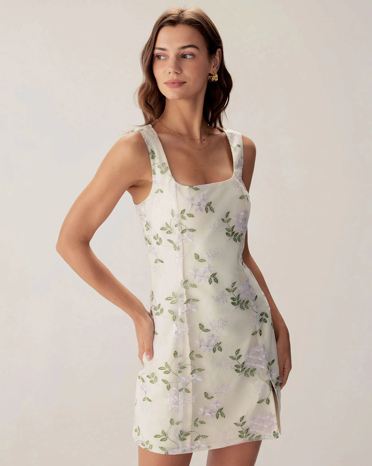 Beige Square Neck Embroidery Slit Slip Mini Dress - Image 4